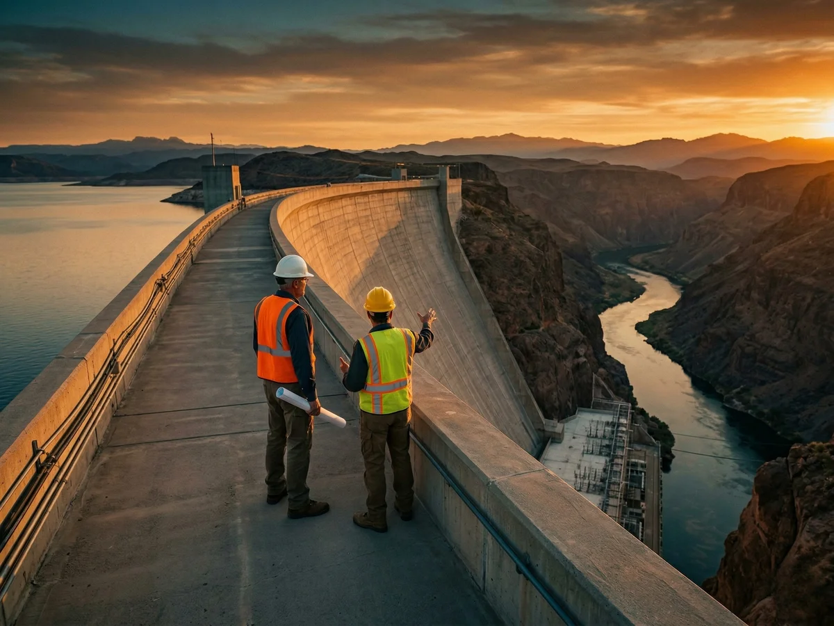 Two senior concrete technology engineers standing on the crest of a massive dam at golden hour, surveying the valley below, representing PCCI's deep field experience and leadership in hydroelectric and large-scale infrastructure concrete consulting