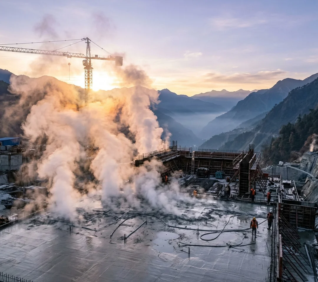 Active mass concrete pour on a hydroelectric dam radiating intense hydration heat with visible steam and thermal distortion — illustrating the critical thermal cracking risk that PCCI thermal control and pre-cooling engineering prevents on dam projects exceeding 4,000+ MW across India, Bhutan, and Nepal