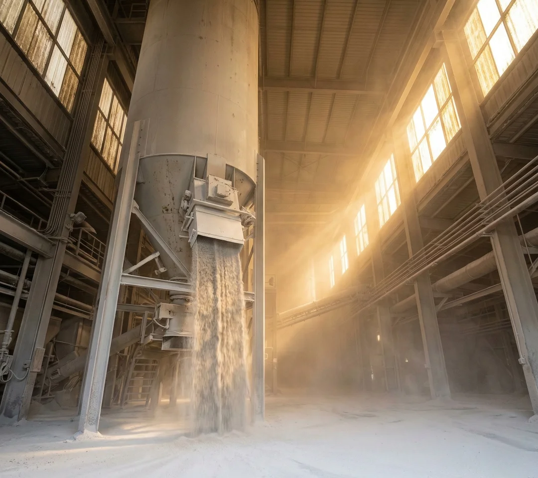 Portland cement silo discharging raw cement powder inside an industrial concrete batching plant at a dam construction site — representing the over-specification and excess cement content that PCCI mix design optimization eliminates, reducing cost and CO₂ while maintaining 100-year structural performance for mass concrete, RCC, and HPC