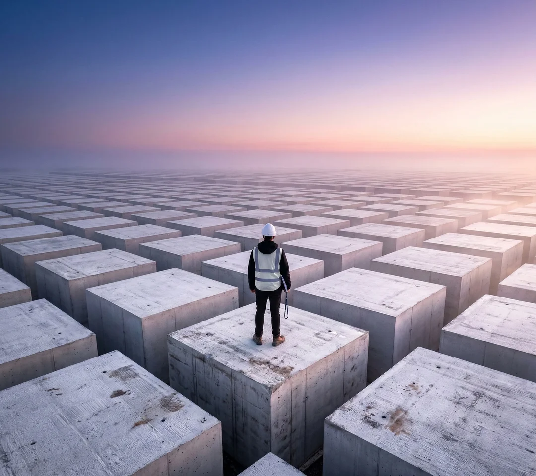 Quality control engineer surveying a grid of mass concrete placement blocks across a large-scale hydroelectric dam construction site at dawn — demonstrating the systematic QA/QC oversight and batch-by-batch consistency verification that PCCI delivers to ensure every pour meets IS/BIS, ACI, and ASTM specifications