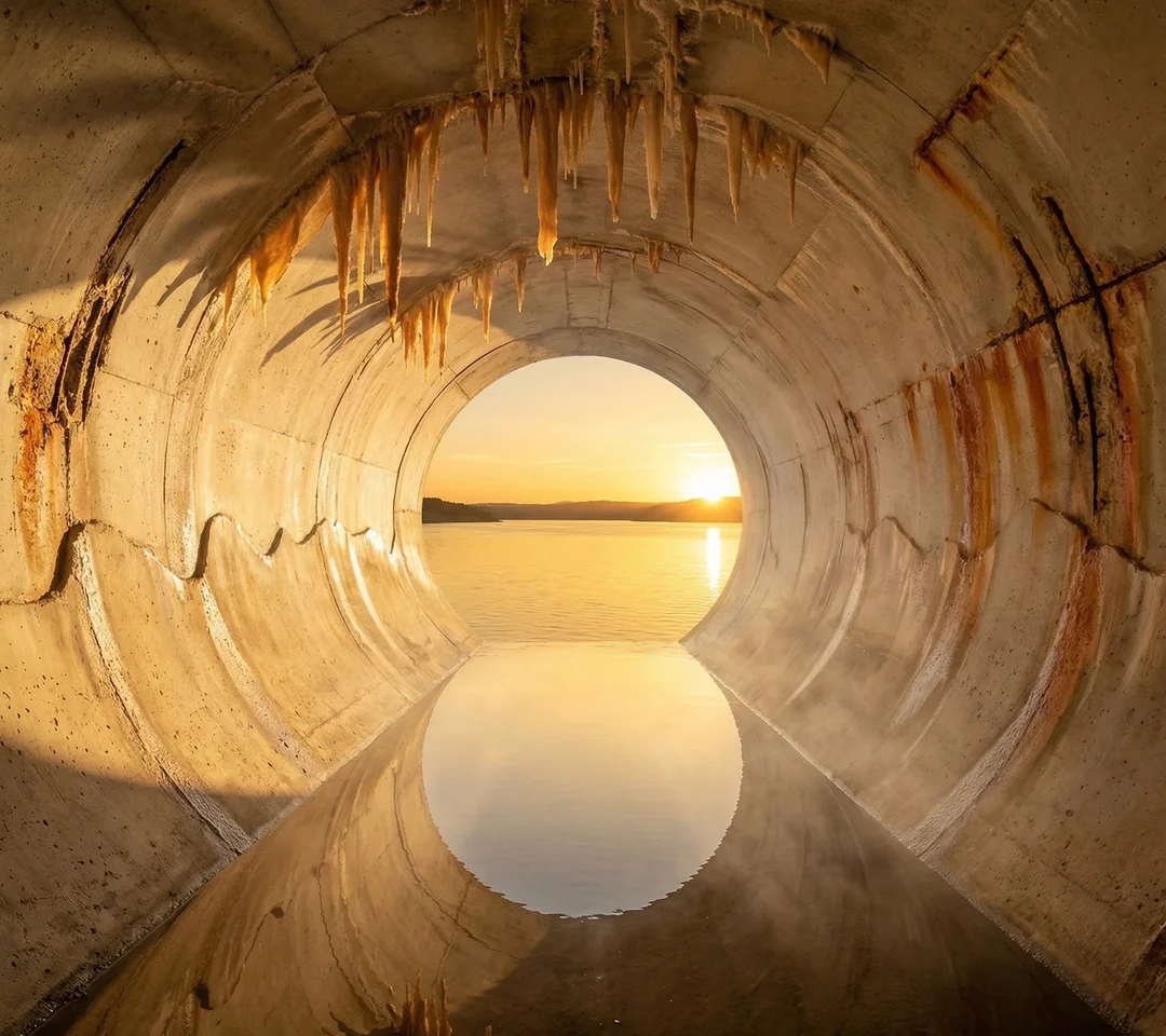 Interior of an aging hydroelectric dam spillway gallery showing deteriorating concrete with calcium carbonate stalactite deposits, moisture ingress, and surface spalling — the kind of construction-phase and post-construction defect that PCCI troubleshooting and root cause analysis service diagnoses through non-destructive testing and forensic evaluation