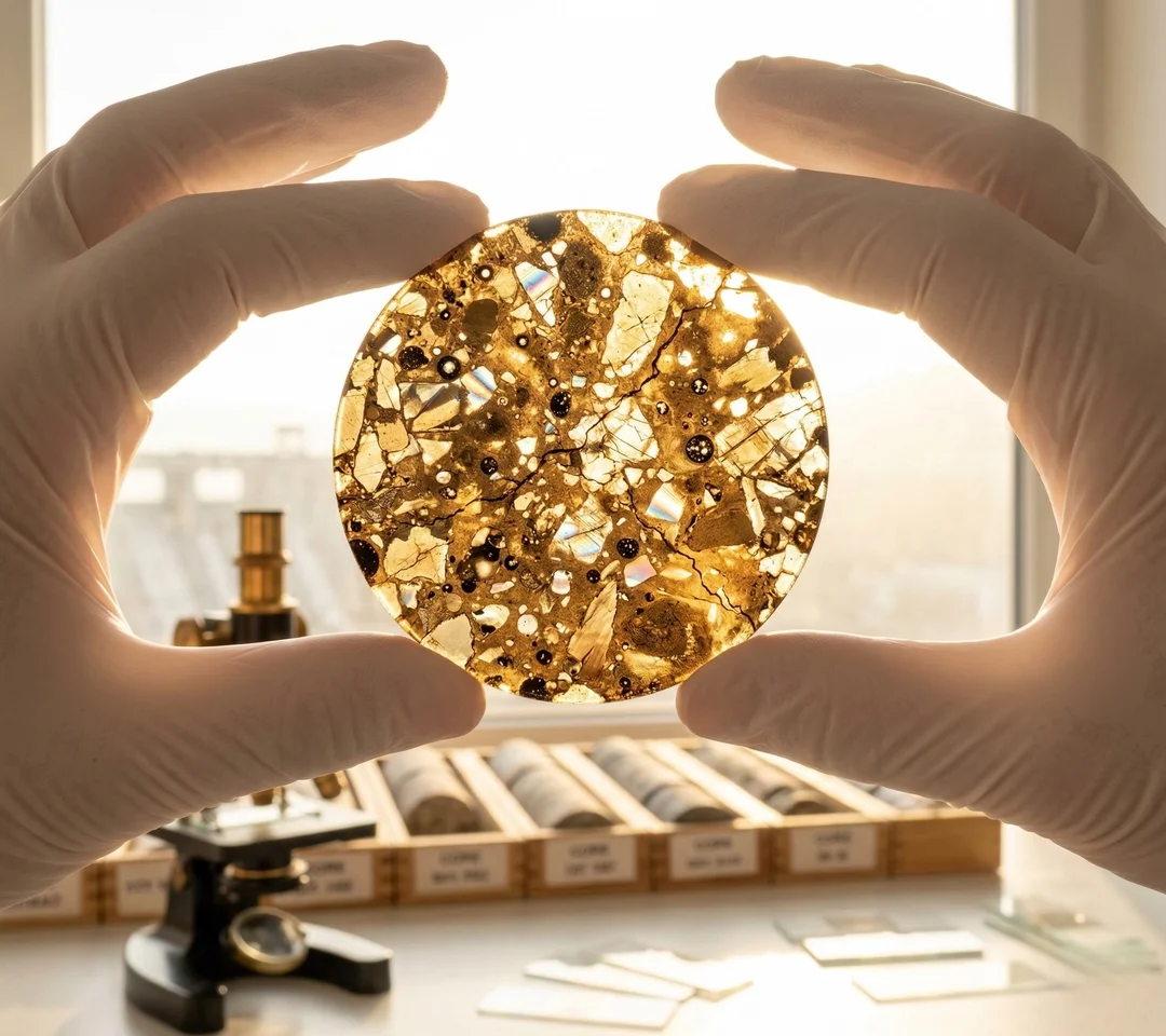 High-magnification petrographic thin section of dam concrete under polarized laboratory light revealing aggregate mineralogy, cement paste microstructure, and air void distribution — the forensic-level materials analysis that underpins PCCI independent third-party concrete technology review and owner's engineer services for hydroelectric infrastructure