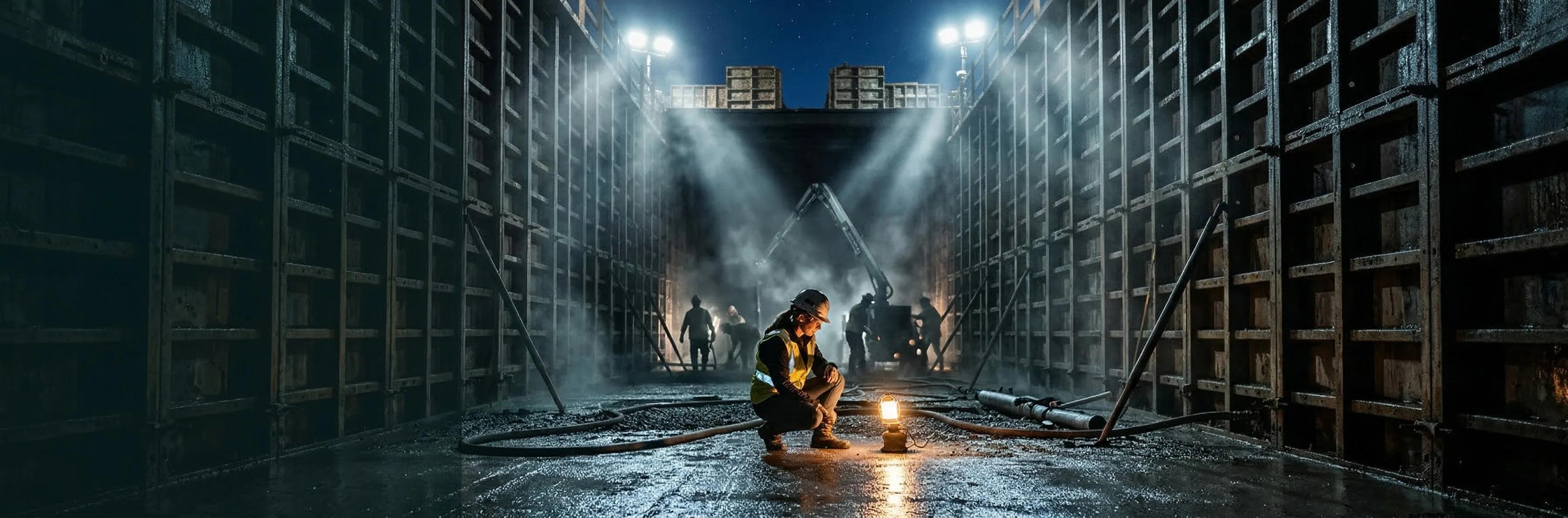 Engineer inspecting fresh concrete inside a massive dam formwork at night with dramatic floodlights cutting through steam above an active pour