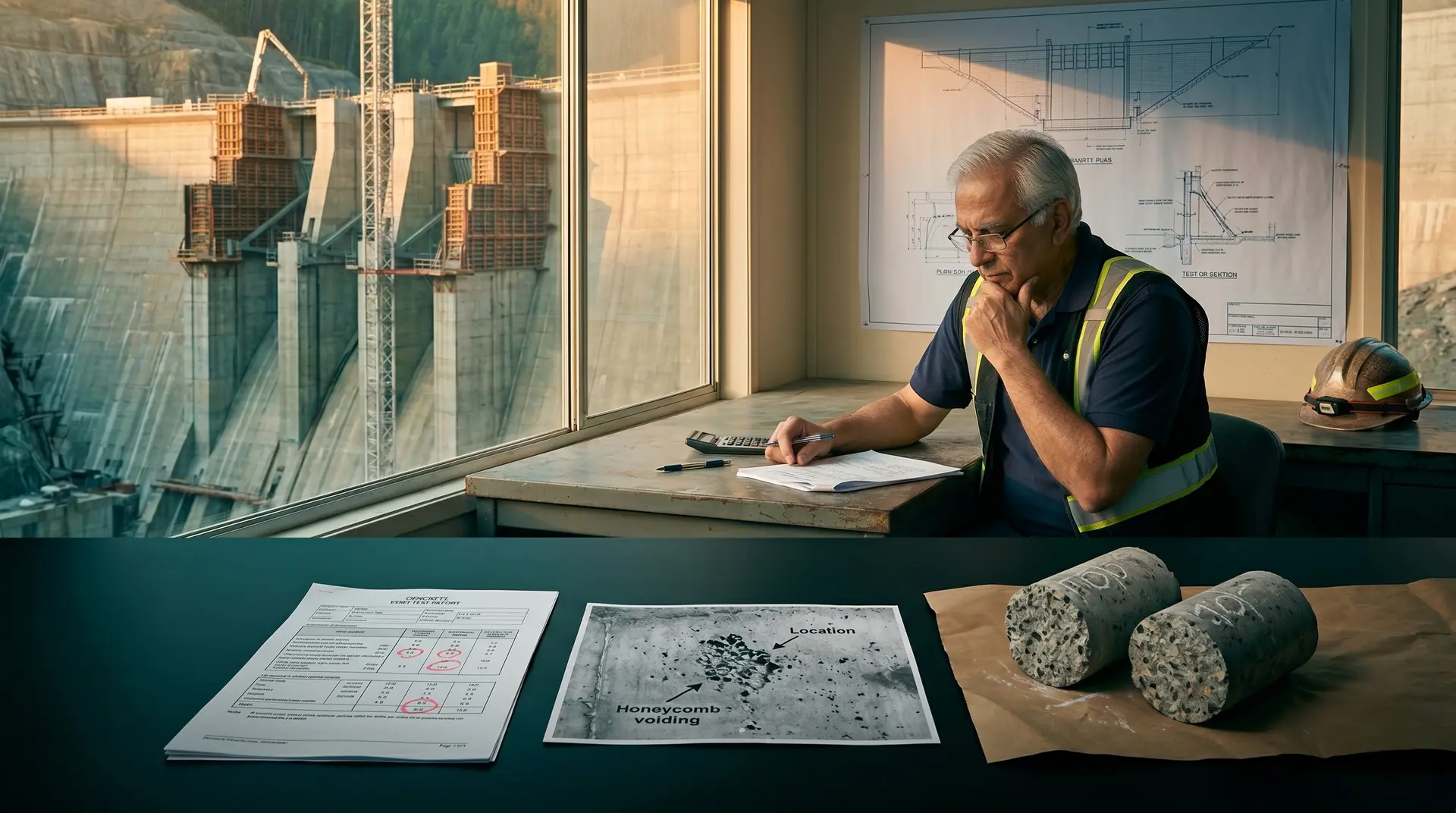 Senior concrete engineer reviewing a non-conformance report at a dam-site desk with field cores, cube test data sheets, and a structural drawing under directional light, illustrating the accept-repair-reject decision on a hydropower dam project.