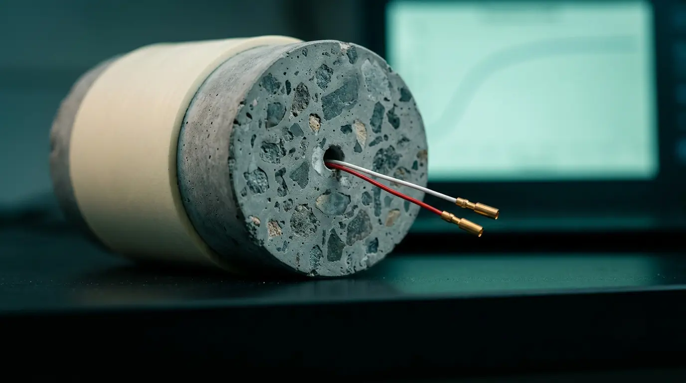Close-up of a grey mass-concrete test cylinder, coarse aggregate in cement paste, two temperature sensor wires from a hole drilled to its core and an adiabatic temperature rise curve on a data-logger screen behind. PCCI dam concrete thermal testing.