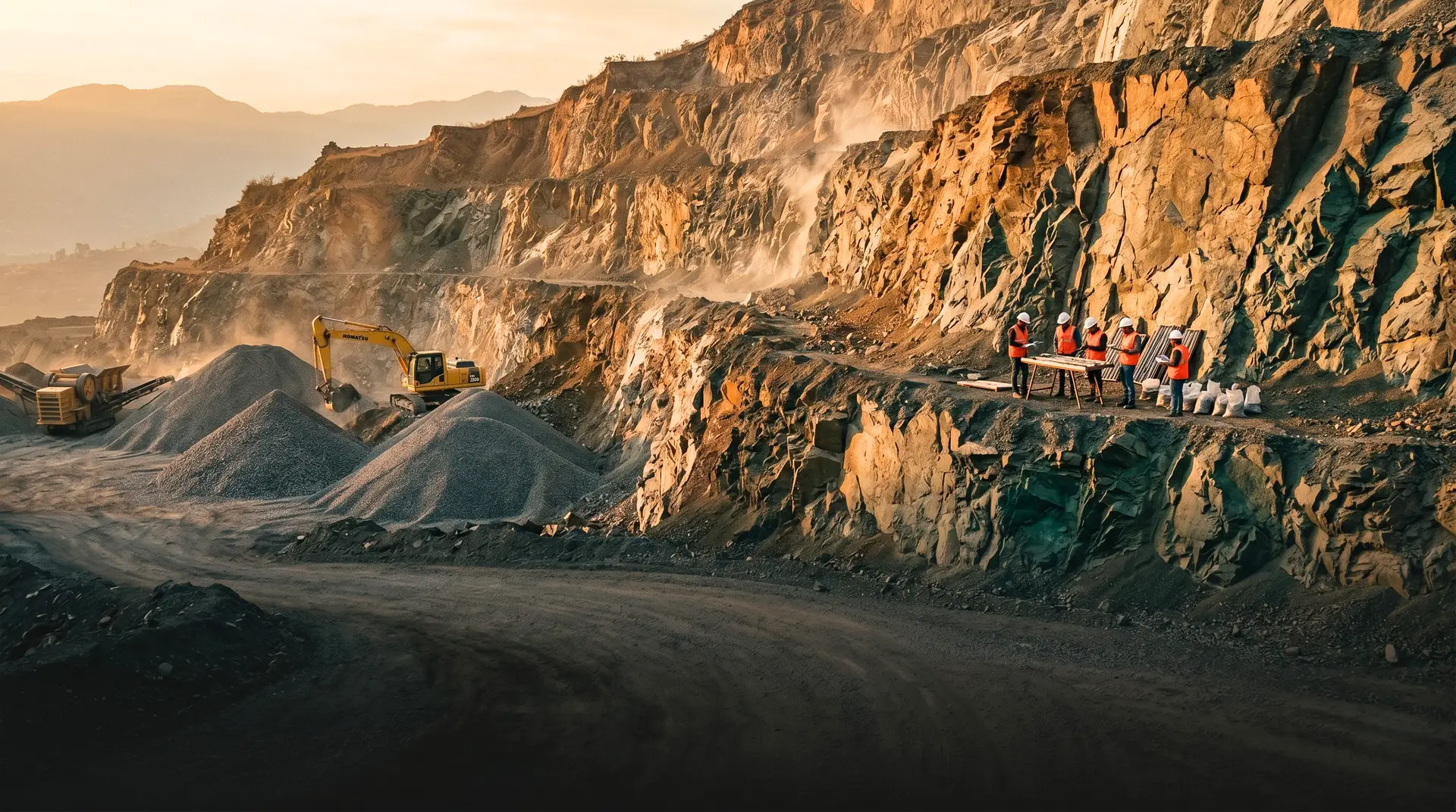 Quarry investigation team in hi-vis vests examining drill cores at a working hydropower aggregate quarry at golden hour, with graded crushed-stone stockpiles and a primary crusher visible against a benched rock face. PCCI aggregate sourcing for dam concrete.