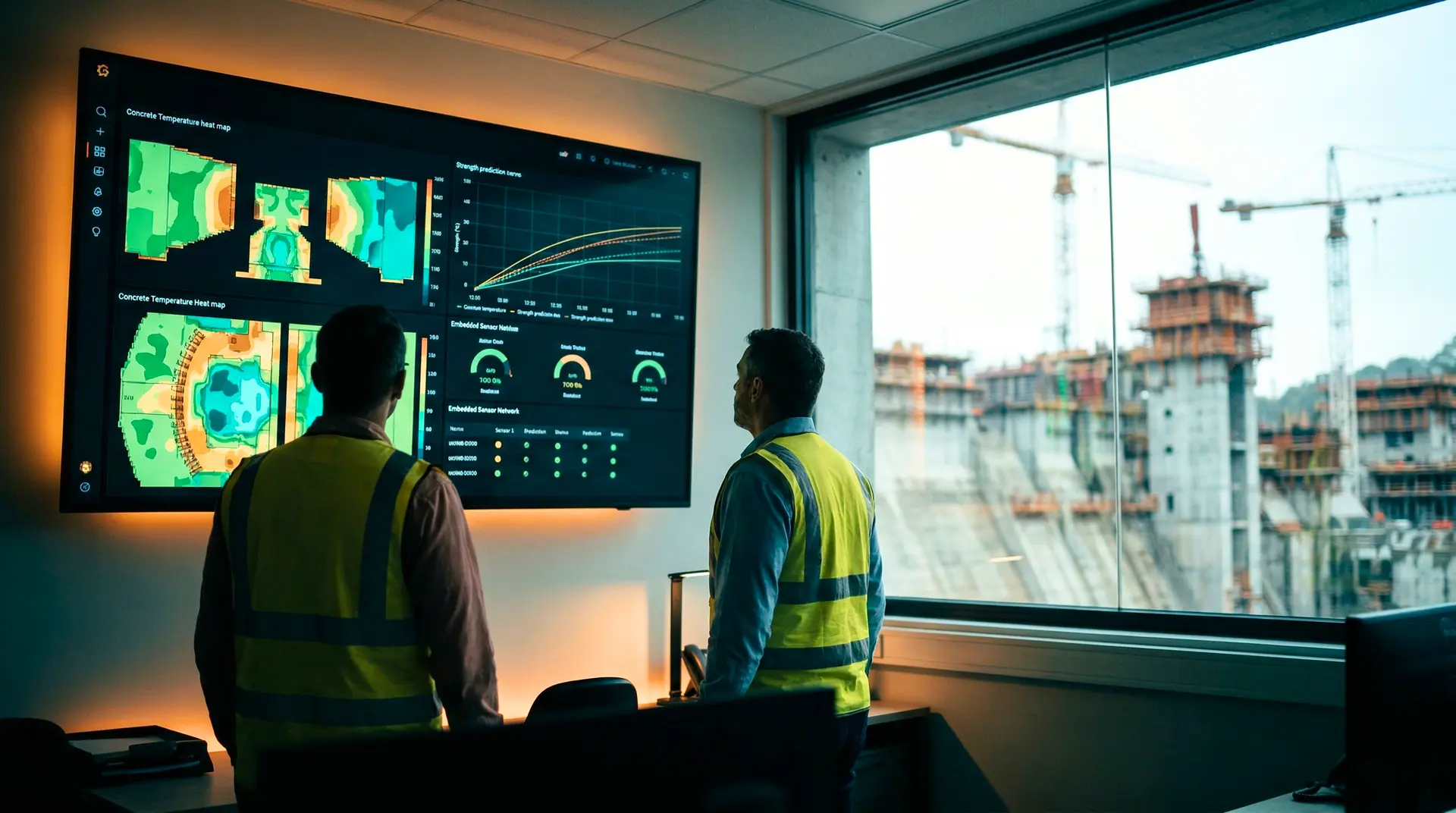Engineers reviewing real-time concrete quality data on a tablet at a hydroelectric dam construction site with mass concrete placement visible in the background