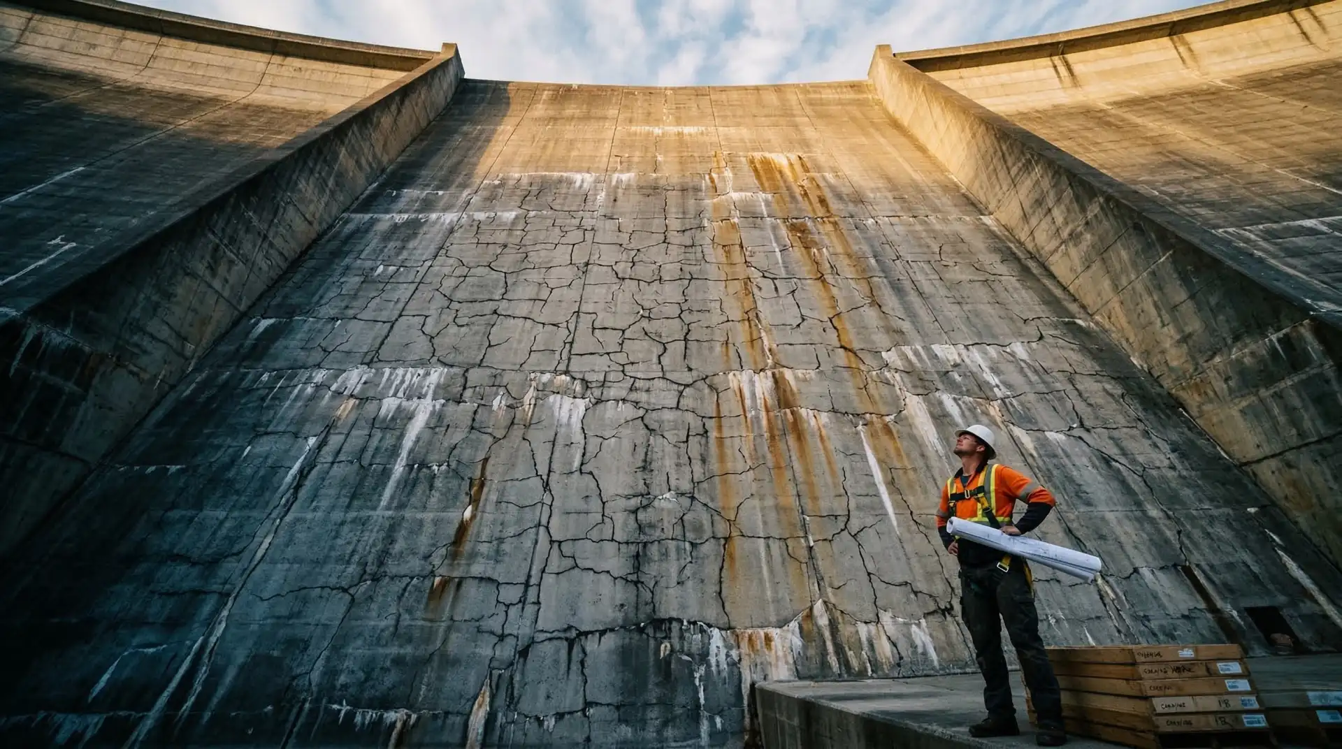 Concrete technology engineer inspecting severe alkali-aggregate reaction (AAR) map cracking and amber gel staining on a massive hydroelectric dam face — PCCI durability assessment and concrete deterioration diagnostics for dam infrastructure