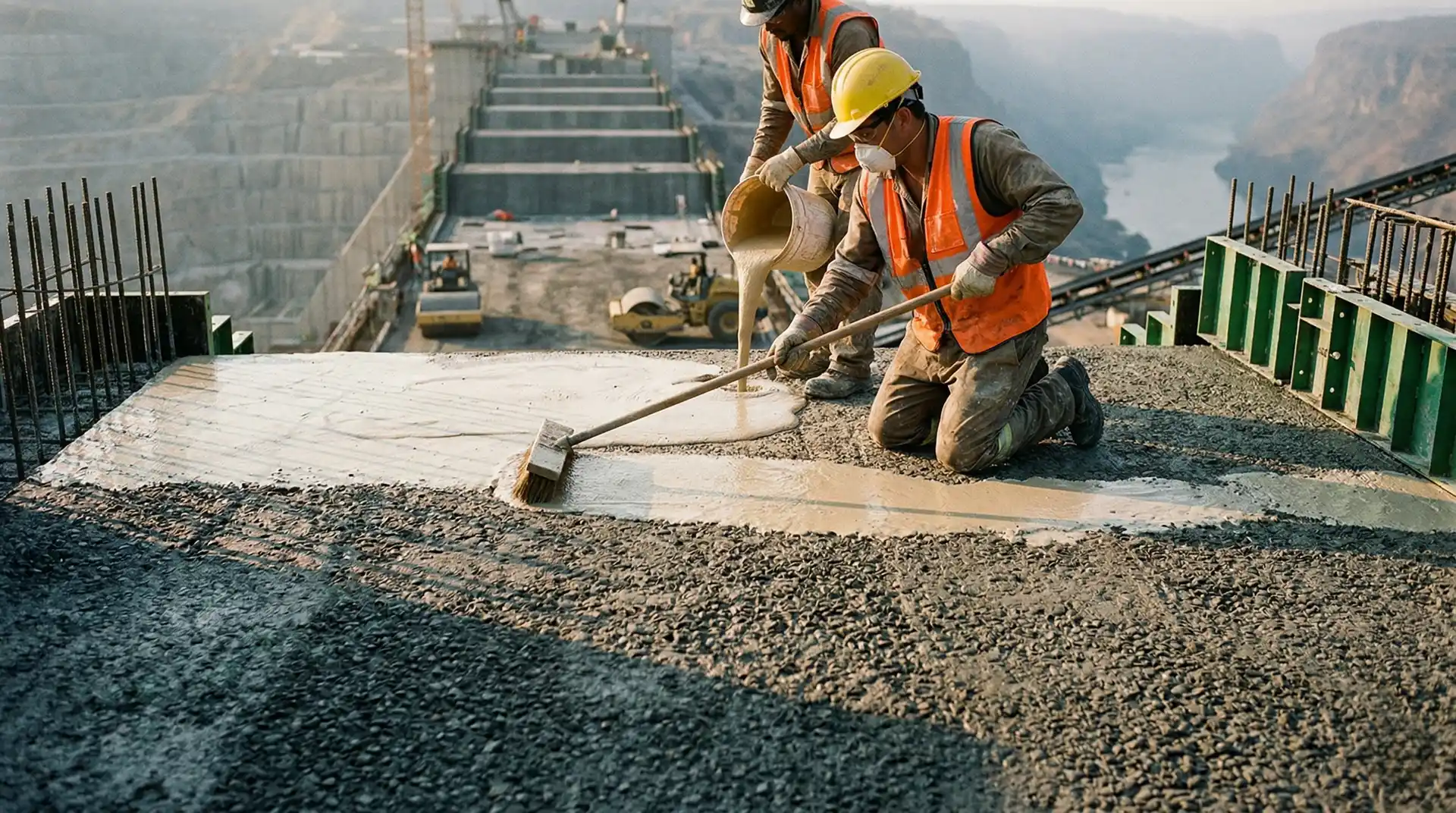 Workers applying bedding mortar to a prepared RCC lift joint surface on a dam construction site before placing the next roller compacted concrete lift, showing the critical bonding layer application process