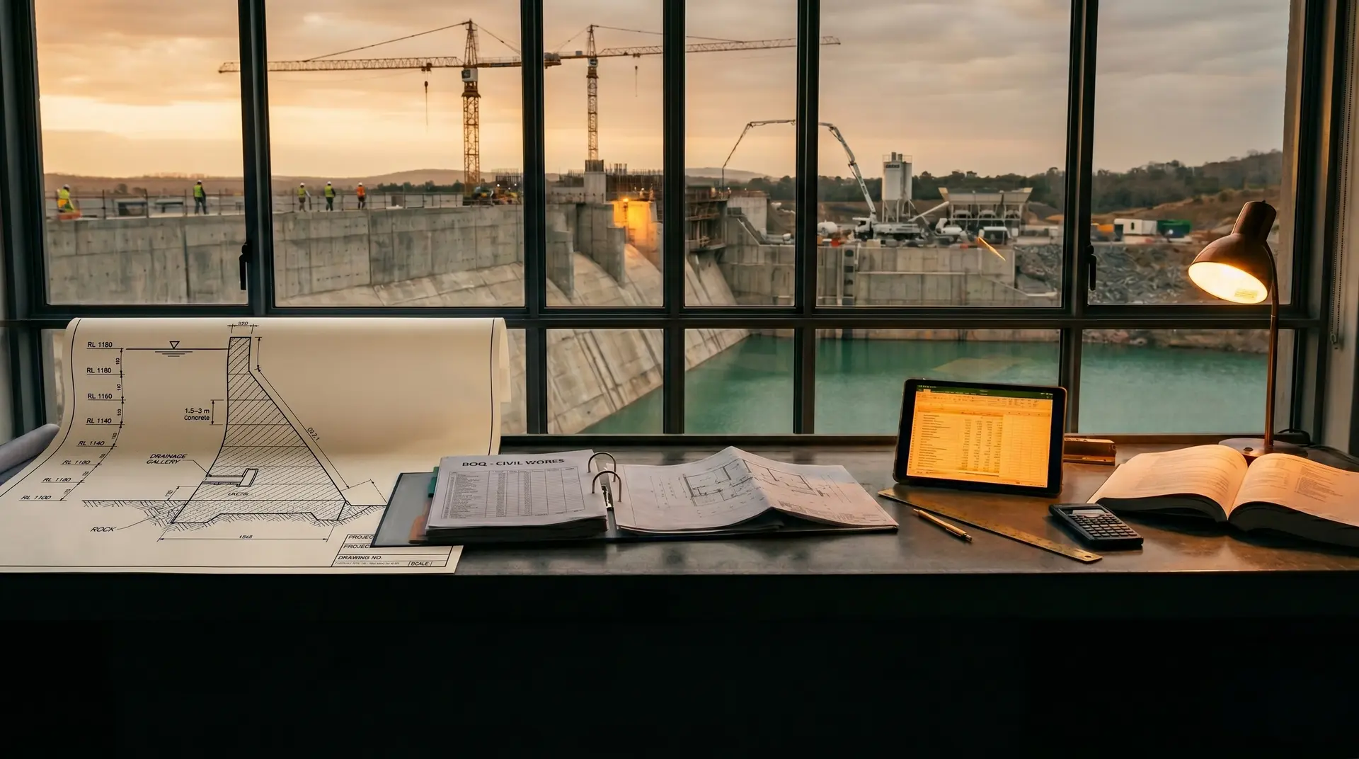 Site engineer's office overlooking a concrete gravity dam under construction. Engineering cross-section drawings, an open BOQ binder for civil works, and a tablet showing a measurement spreadsheet. PCCI BOQ consulting for hydropower EPC tenders.