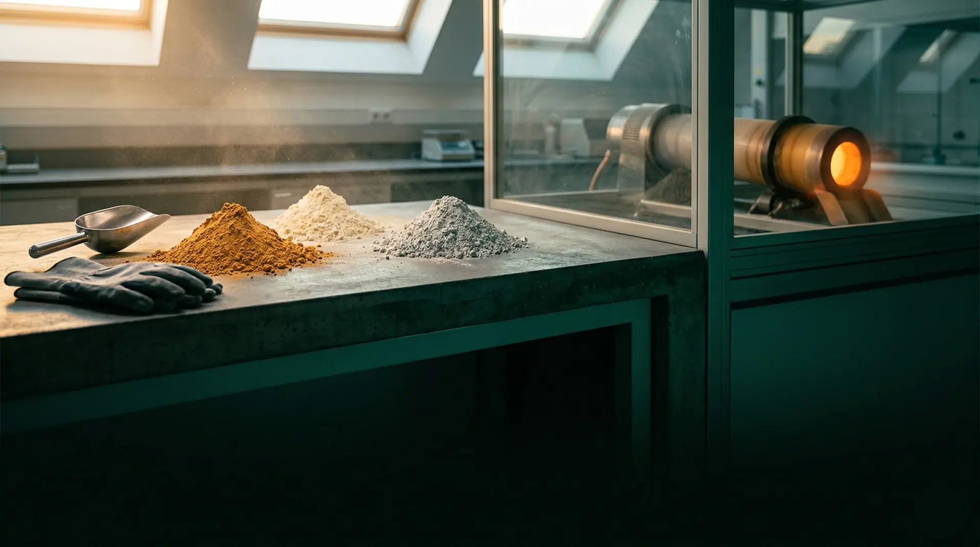 Materials laboratory workbench displaying raw kaolinite clay, calcined metakaolin, and ground limestone powders used in LC3 cement production, with an industrial calcination kiln glowing amber in the background, illustrating the low-carbon cement technology for dam and infrastructure concrete