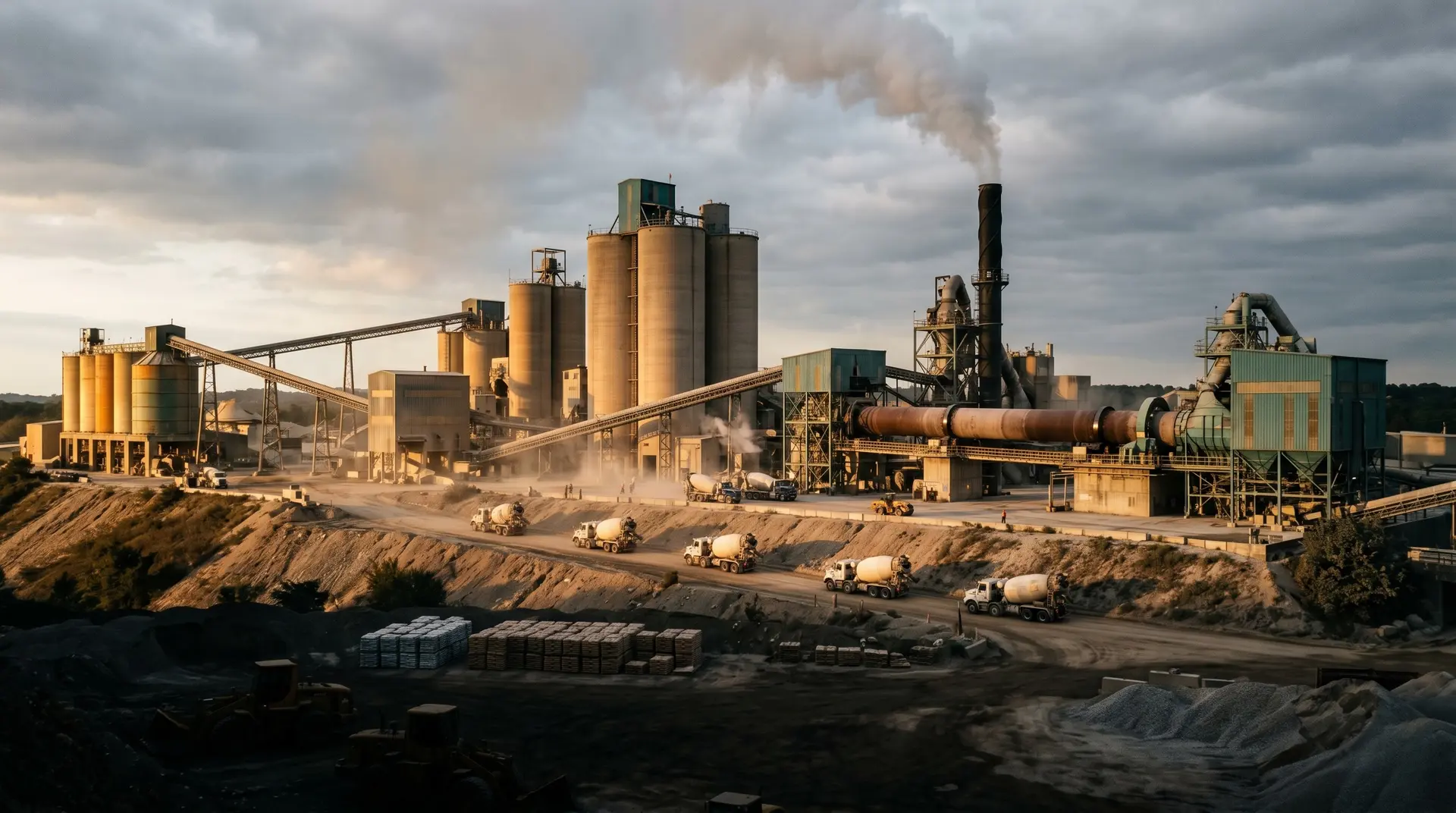 Cement manufacturing plant at golden hour with silos, rotary kiln, and concrete mixer trucks, illustrating the industrial source of embodied carbon in dam concrete and the carbon footprint reduction opportunity for hydroelectric infrastructure projects