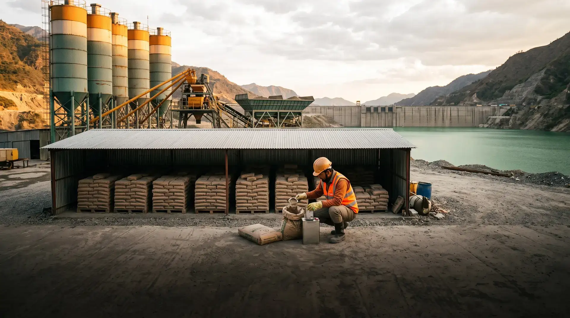 Cement bags arriving at a remote dam construction site with QC engineer sampling for testing, with cement storage shed and batching plant in the background. PCCI cement supply consulting
