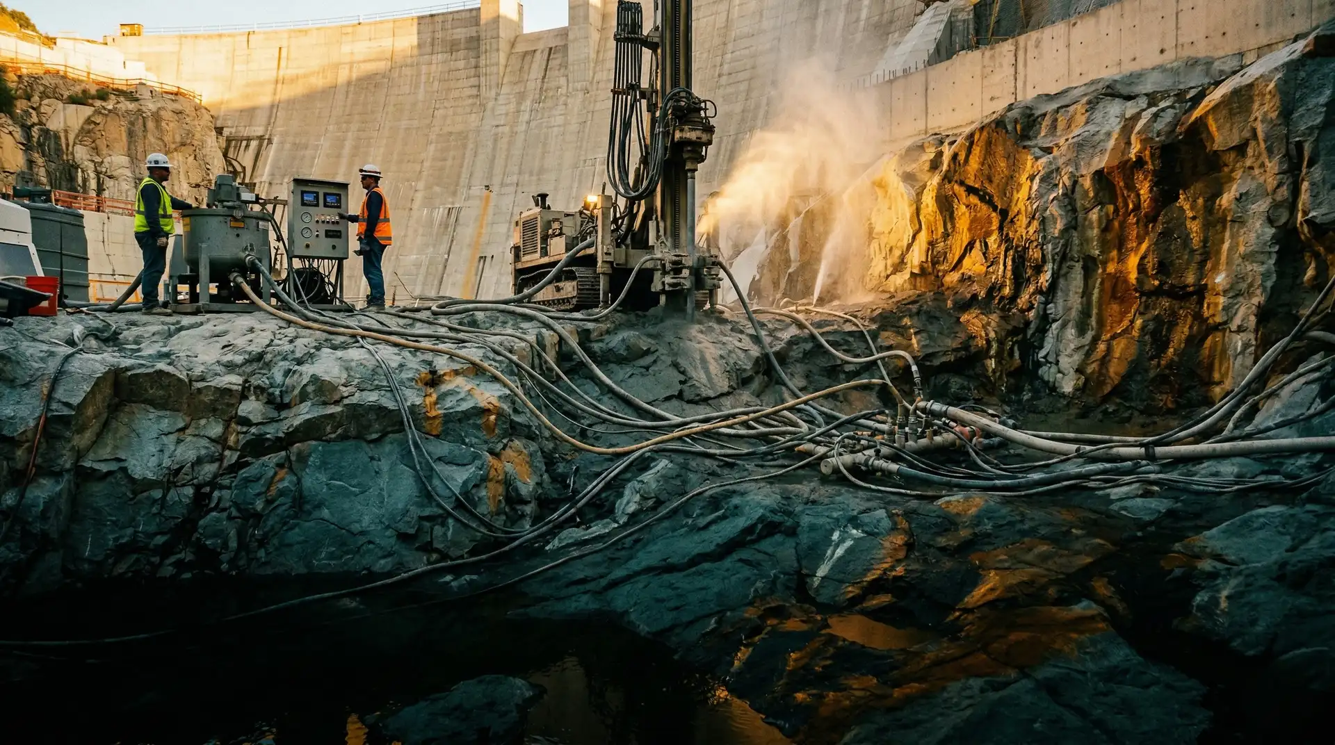 Foundation grouting operation at a concrete gravity dam site: two engineers monitor a Casagrande drilling rig and grout mixer on exposed teal-grey rock, with high-pressure grout hoses snaking across the fractured foundation surface and the dam wall rising behind in golden hour light