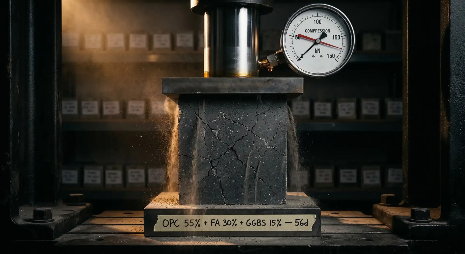Concrete cube specimen under compressive load in hydraulic testing machine showing stress fractures at peak strength — ternary blend mix design with OPC 55% fly ash 30% GGBS 15% proving cement optimization delivers full structural performance for PCCI dam concrete projects