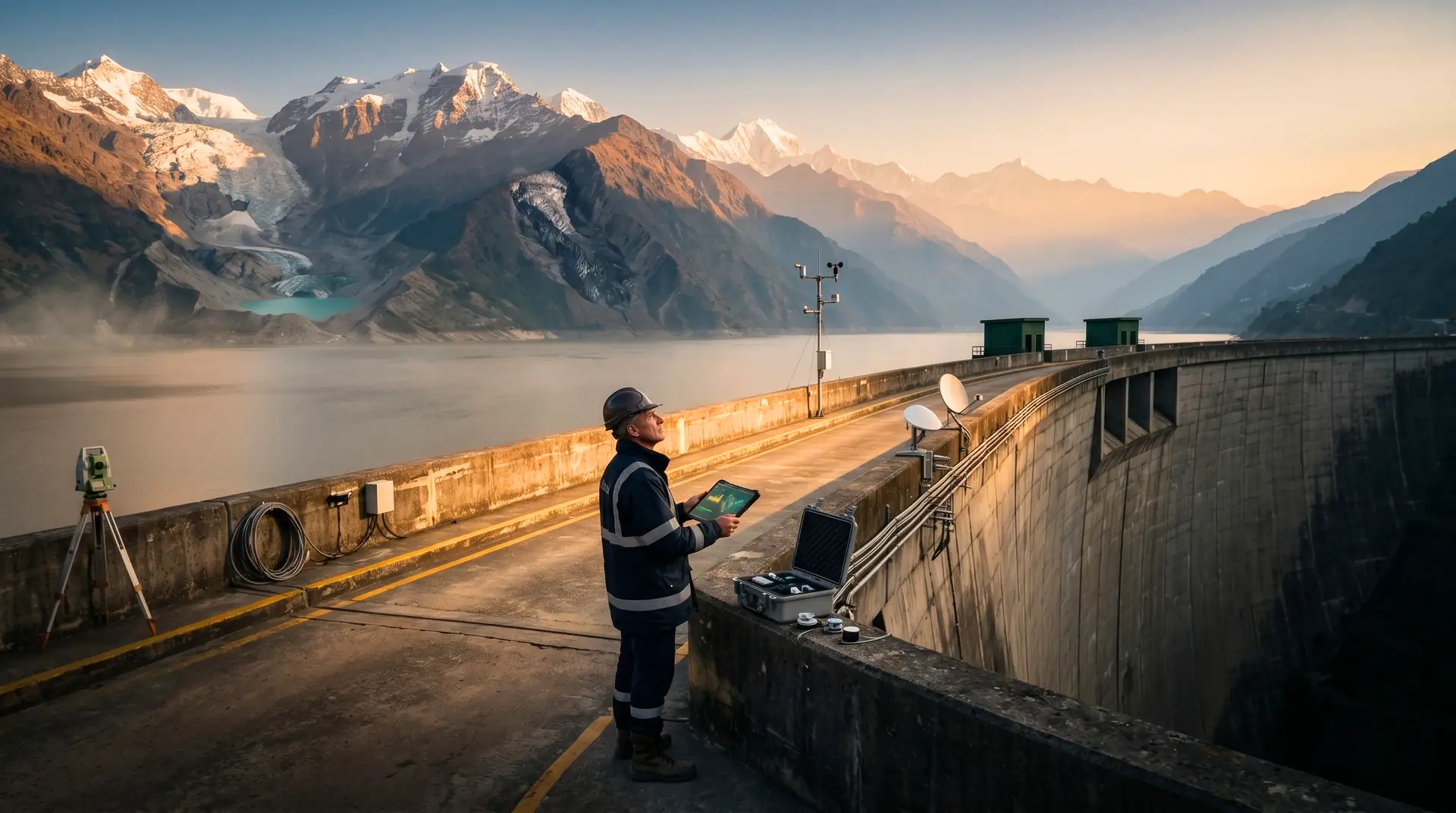 Dam engineer on a Himalayan concrete dam crest at golden hour reviewing real-time monitoring data on a tablet, with weather sensors, telemetry dishes, and a clearly retreated glacier with pro-glacial lake visible upstream in the catchment.