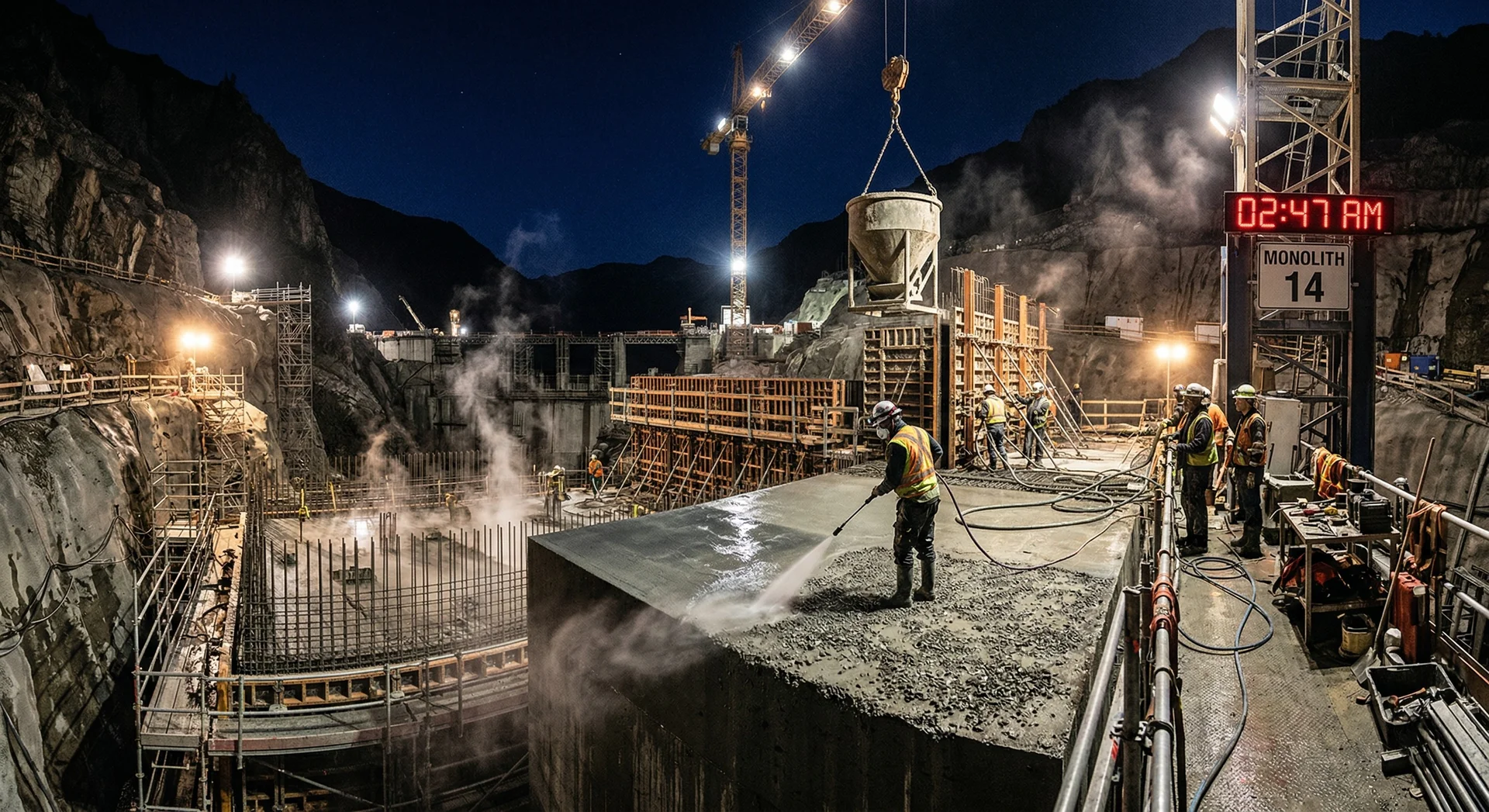 Night shift dam construction crew racing against time to prevent a cold joint: a worker pressure-washing laitance from the previous concrete lift surface while a crane-suspended concrete bucket swings into position for the next pour on Monolith 14, with steam rising from hydrating mass concrete under floodlights at 2:47 AM, illustrating the critical surface preparation and placement timing that prevents cold joints in mass concrete dam construction