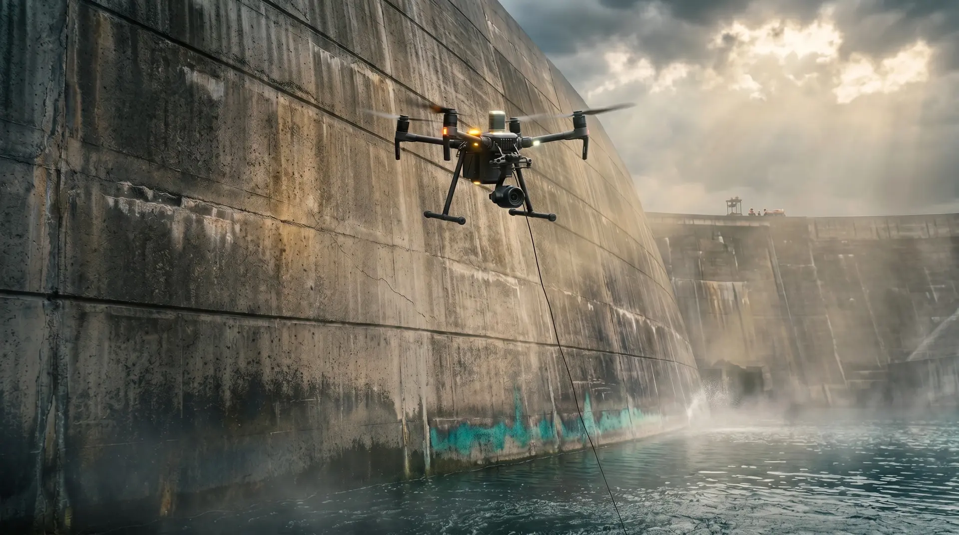 Tethered industrial inspection drone hovering near the downstream face of a large concrete gravity dam with visible lift joints and water staining, capturing high-resolution photographs of the concrete surface for AI-powered crack detection, computer vision defect mapping, and automated dam safety inspection