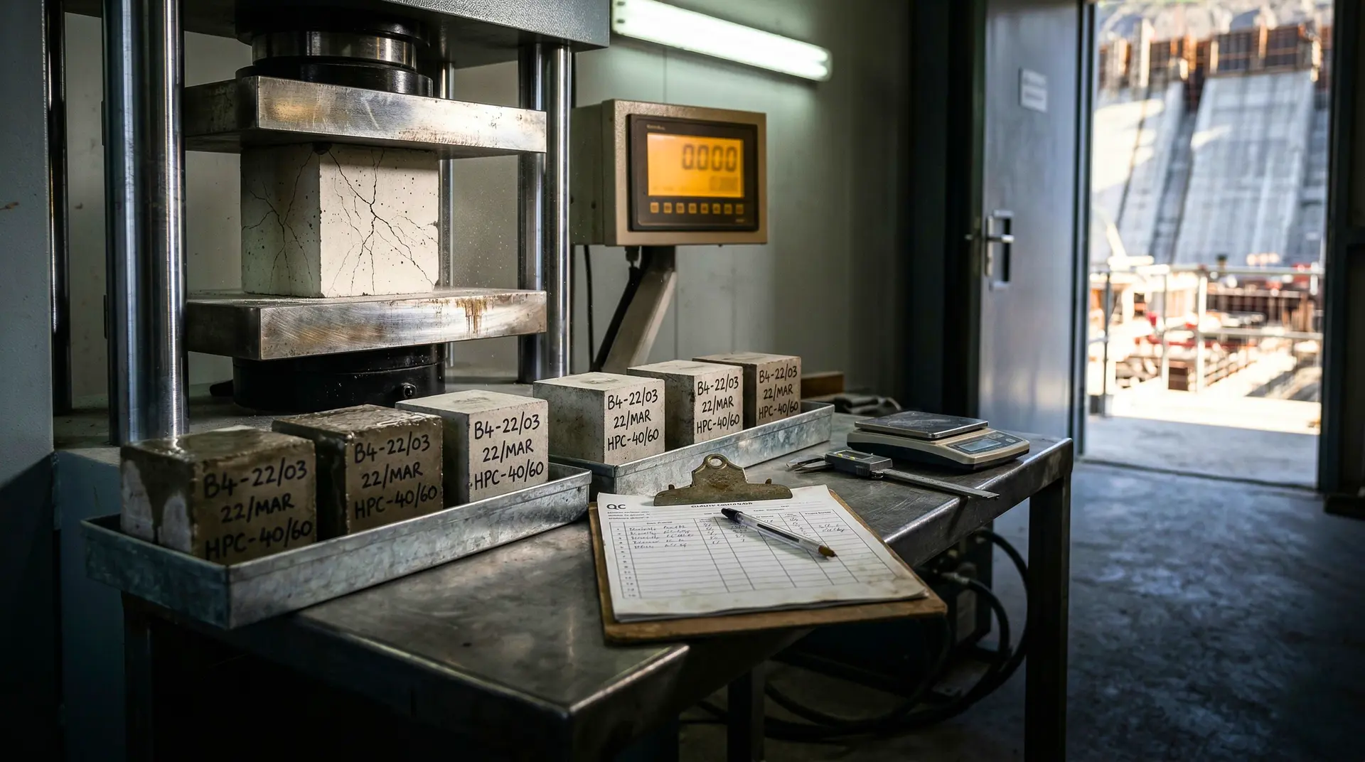 Concrete cube compression test in progress inside a dam site QA/QC laboratory: a Tinius Olsen hydraulic testing machine applies load to a cube specimen showing fracture lines, while batch-marked test cubes (B4-C3, B5-C1) sit in metal trays beside a handwritten compression test log, with dam formwork construction visible through the laboratory window
