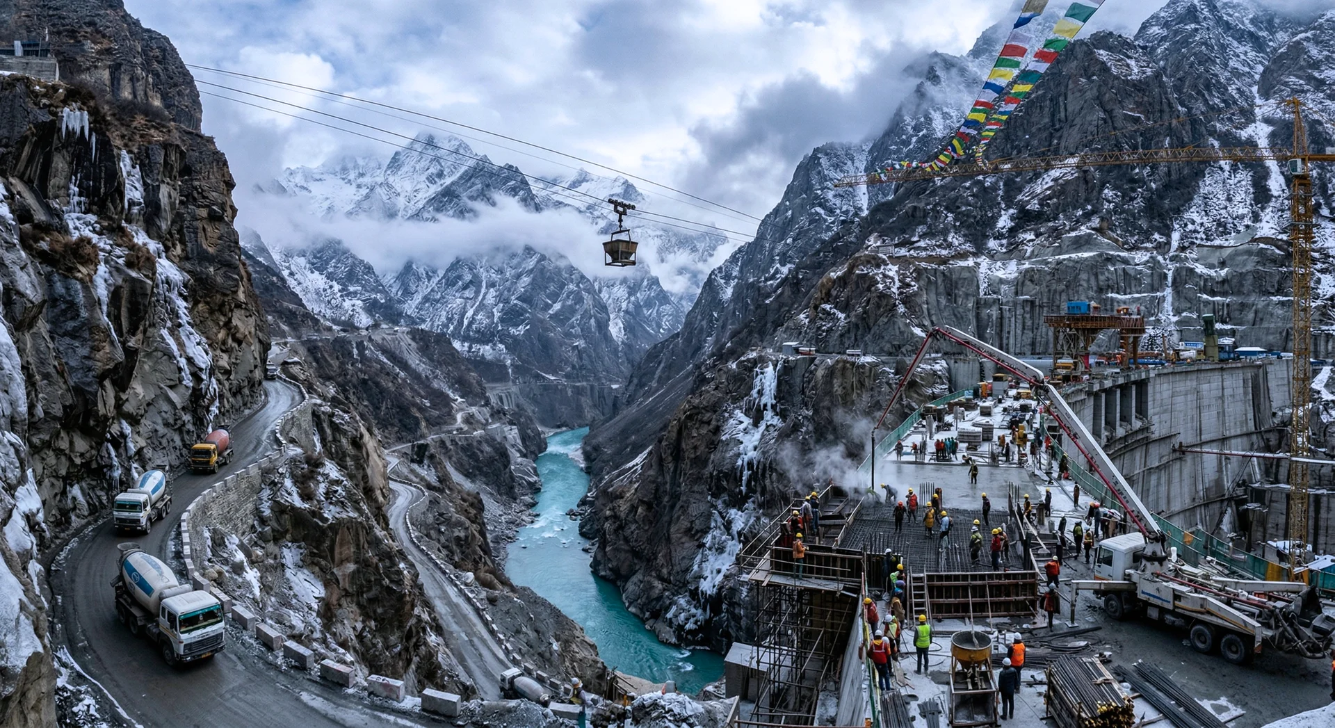 Hydroelectric dam under construction in a narrow Himalayan river gorge with snow-capped peaks, turquoise glacial river, cement trucks navigating cliff-carved mountain roads, workers in winter gear placing concrete, cable car system transporting materials, and prayer flags on construction crane, capturing the extreme altitude, freezing temperatures, remote logistics, and seismic challenges of concrete engineering for hydropower projects in India's Himalayan regions