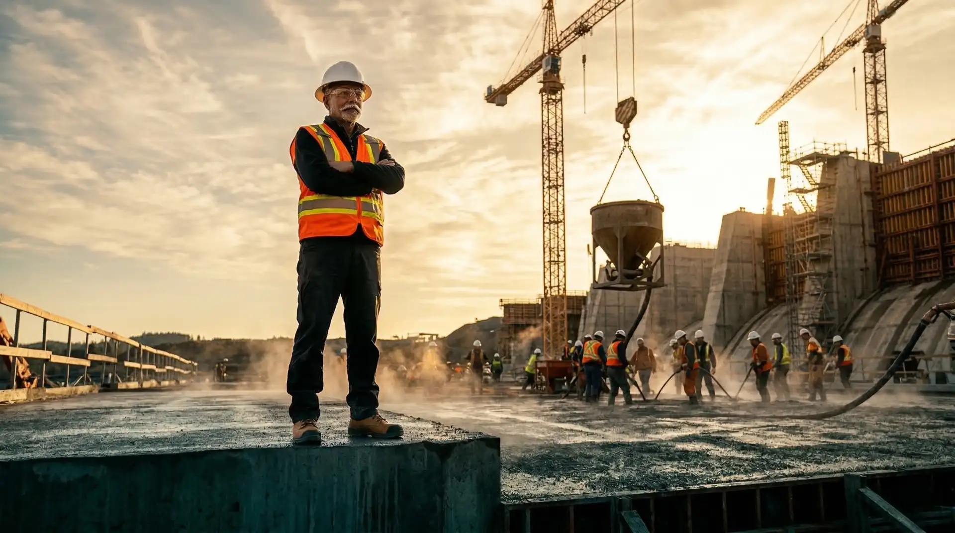 Senior concrete technology consultant standing heroically at the edge of an active mass concrete pour on a hydroelectric dam at golden hour — arms folded with authority overlooking tower cranes, concrete buckets, and placement crews on the dam face — PCCI independent consulting expertise commanding quality control across 4,000+ MW of dam construction from pre-tender material investigation through commissioning and 100-year service life assurance