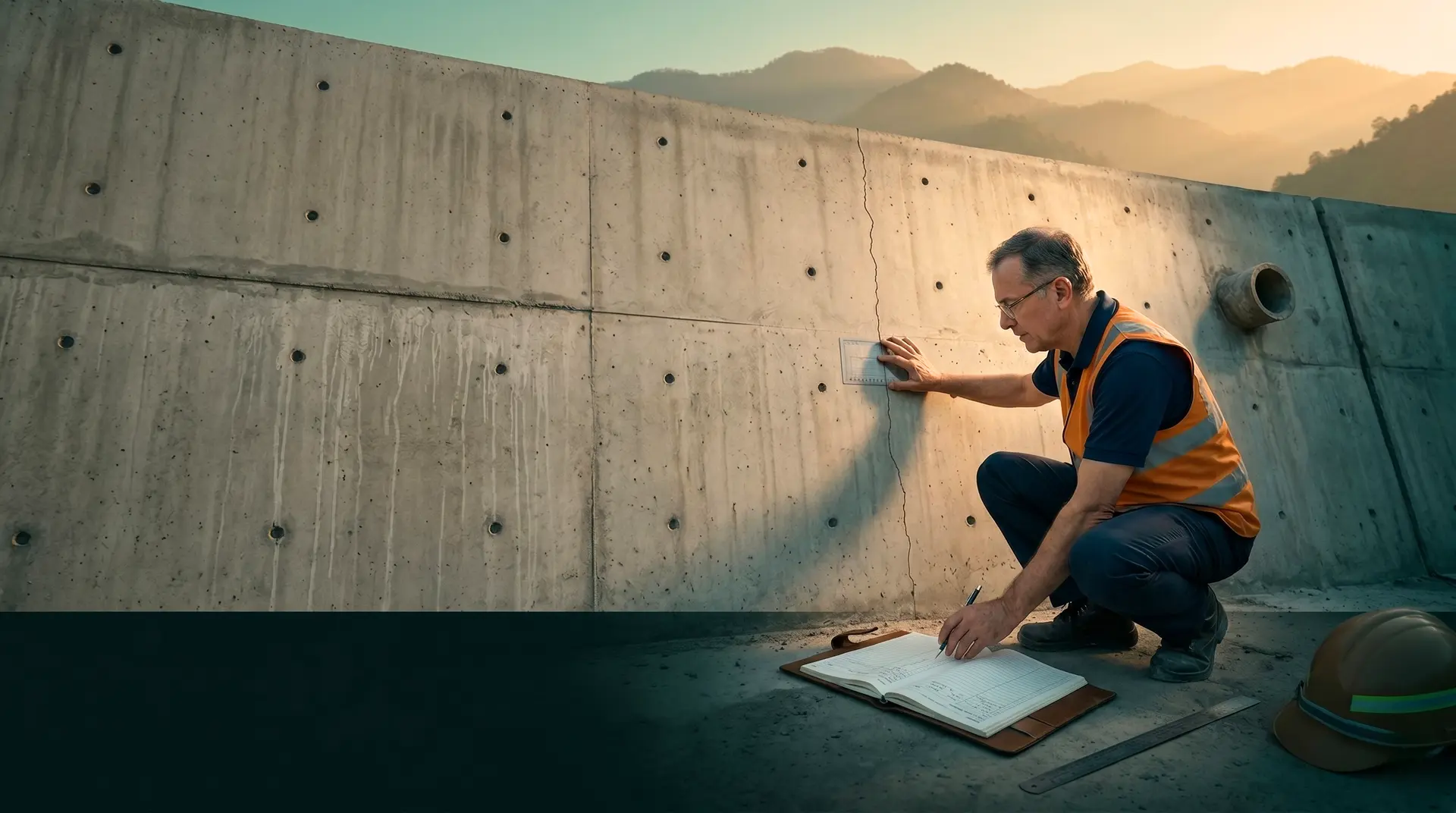 Senior engineer crouched beside a fine vertical crack on a freshly stripped mass concrete dam lift at dawn, holding a crack comparator card and field notebook, illustrating crack diagnosis discipline on a hydropower dam site.