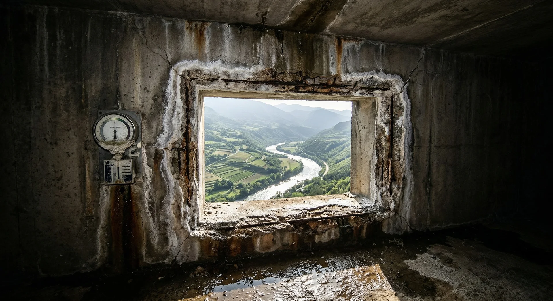 View from inside an aging concrete dam inspection gallery looking through a drainage opening toward a green river valley below, showing severe concrete deterioration including efflorescence deposits, rust staining from corroding rebar, spalling, hairline cracks, and seepage puddles on the gallery floor, with a crack monitoring gauge mounted on the wall, representing the warning signs of concrete deterioration in India's aging dam infrastructure