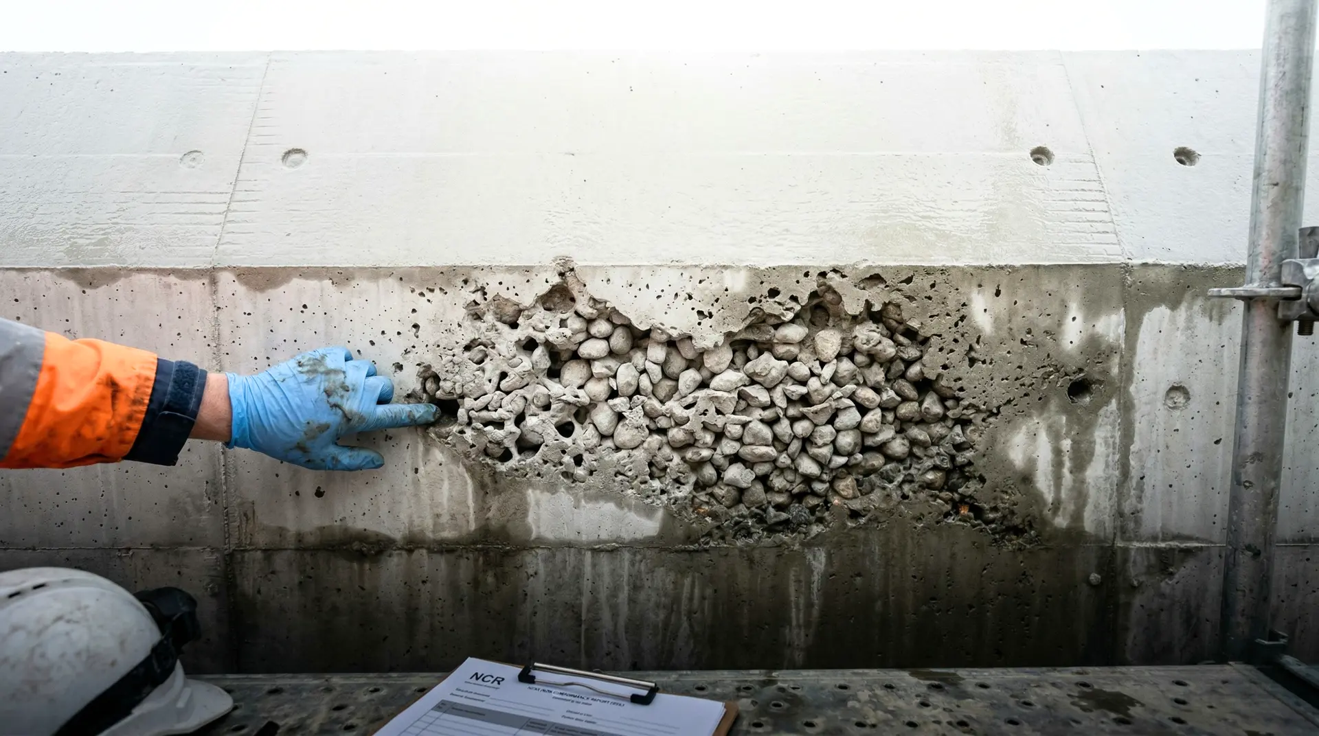 Freshly stripped dam concrete wall showing a severe honeycombing defect with exposed coarse aggregate and air voids where cement paste failed to fill, adjacent to a section of well-compacted dense concrete; a gloved hand probes the void depth while a non-conformance report clipboard rests on the scaffolding platform below, with dam formwork construction visible in the background