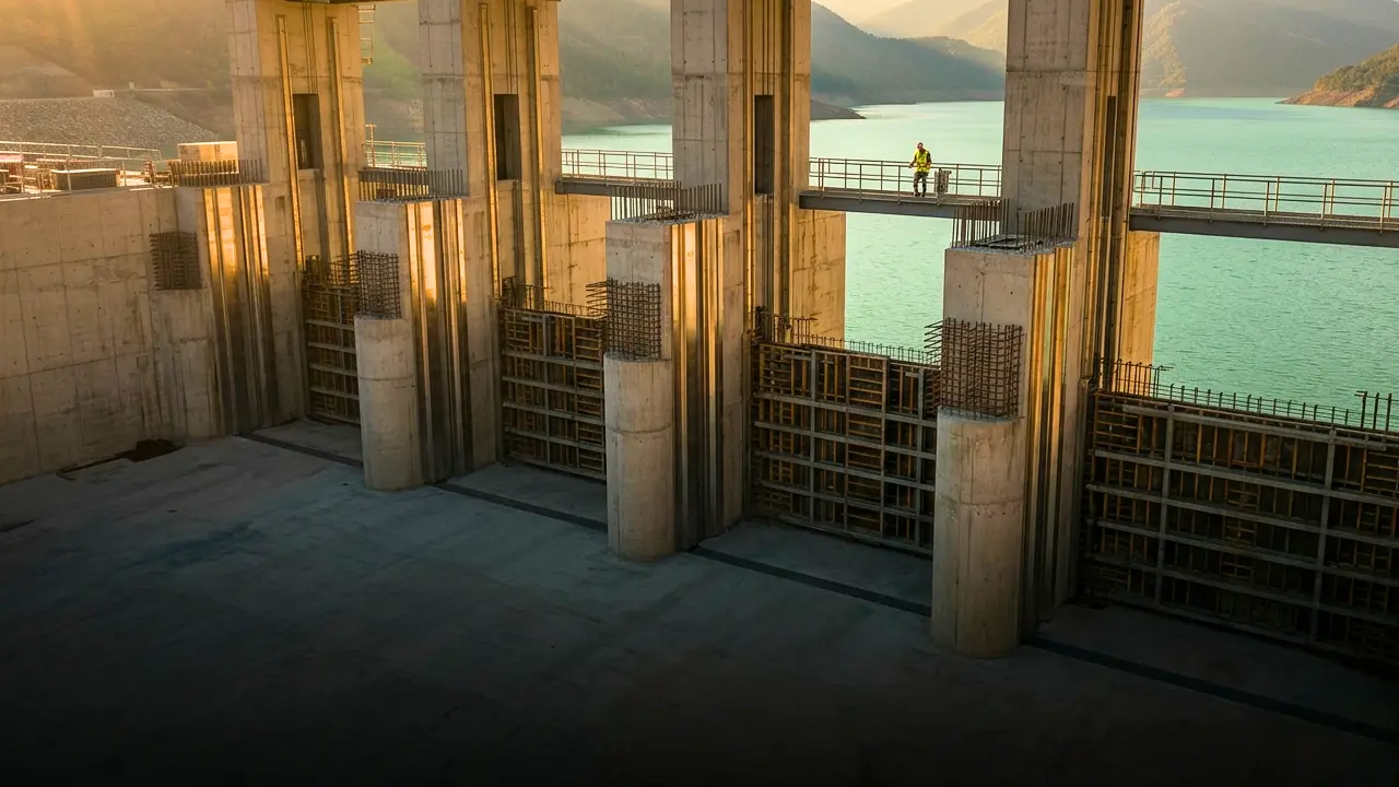 Concrete dam intake and gate structure under construction at golden hour: tall reinforced-concrete piers separate gate bays filled with formwork and reinforcement, with a hi-vis worker on an access bridge for scale and a teal-green reservoir behind.