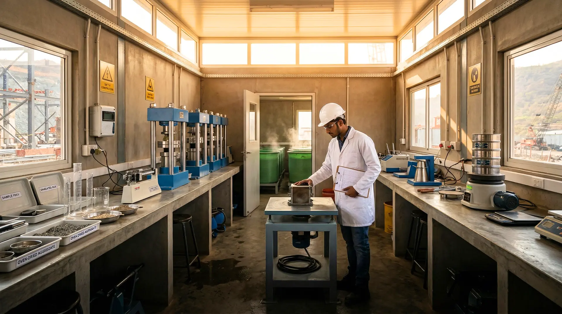 Newly commissioned concrete testing laboratory at a remote hydroelectric dam site, morning light illuminating compression testing machines, steel cube moulds on a vibrating table, sieve stacks, and curing tanks visible through an internal door, with a QC engineer in a white lab coat reviewing a calibration checklist
