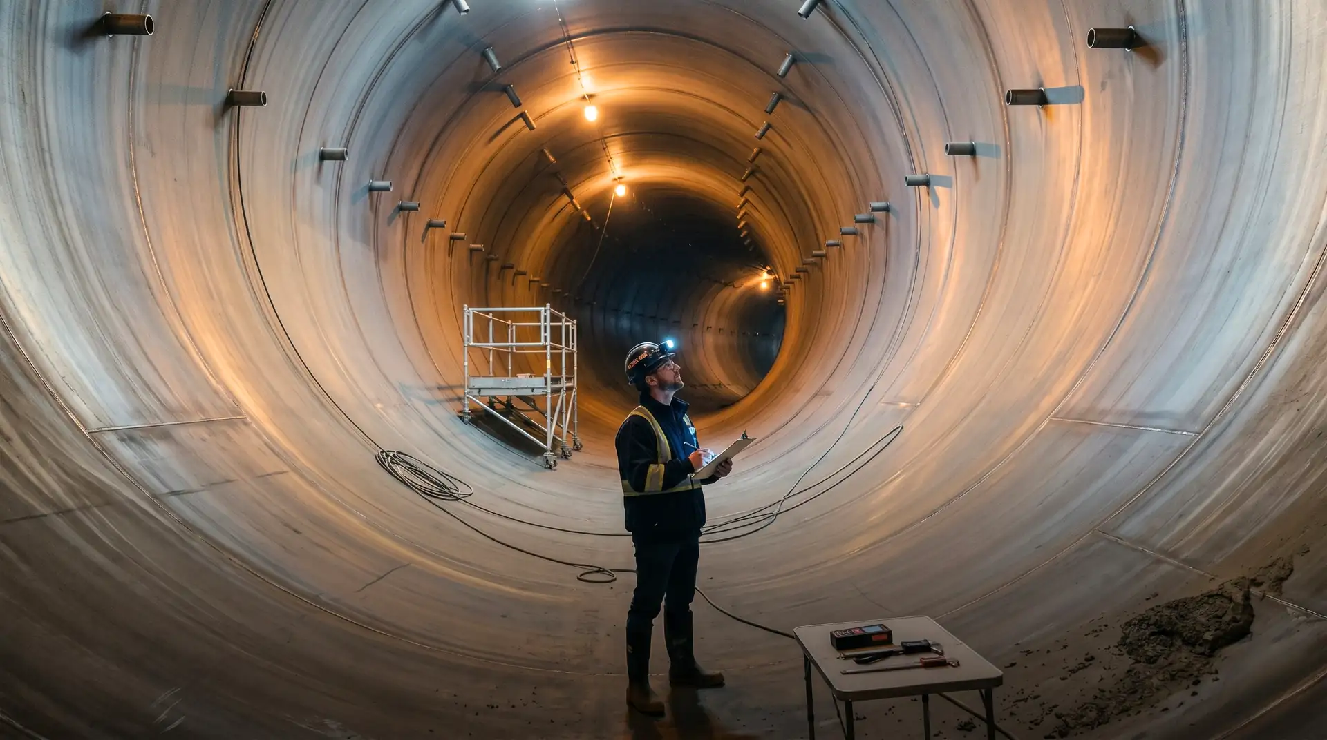Interior of a large-diameter steel penstock at a hydropower project, with crown grout pipes for concrete backfill, mobile inspection scaffold, amber work lamps, and an engineer inspecting the contact grouting access points.