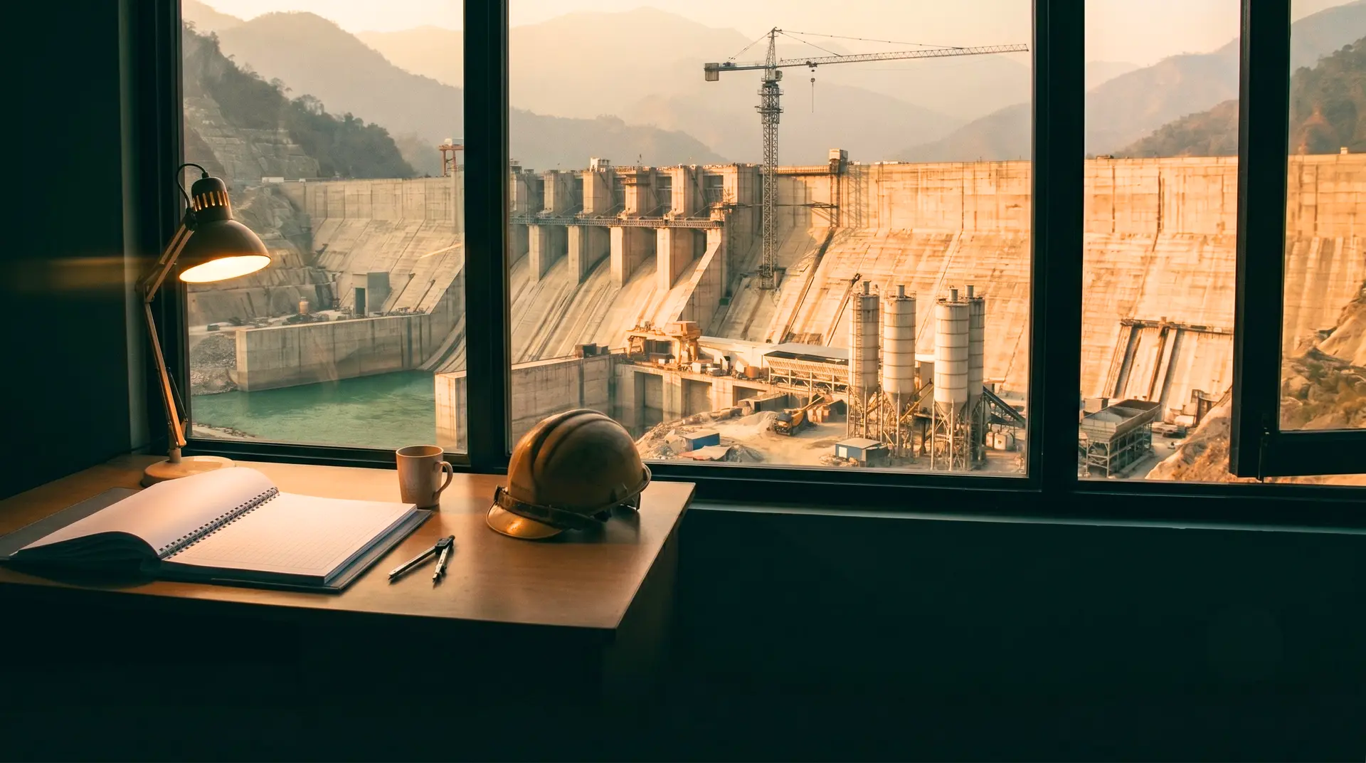 Engineer's site office at golden hour overlooking a hydropower gravity dam under construction, batching plant cement silos, and tower crane against Himalayan ridges — the setting for owner's engineer review of a Concrete QA/QC Plan.