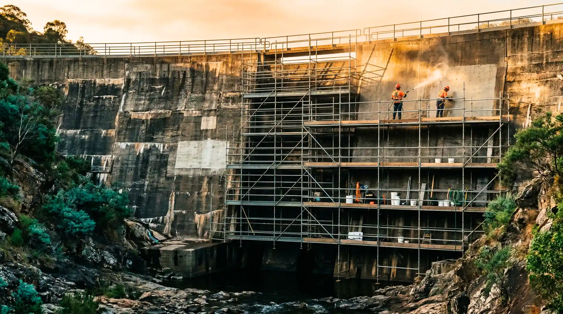 Dam rehabilitation crew on steel scaffolding performing high-pressure water jet surface preparation on a concrete gravity dam face at golden hour, with visible repair patches of different ages showing the patchwork history of concrete maintenance interventions