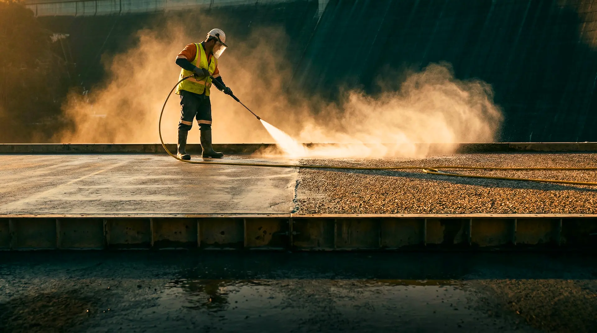 Worker in PPE performing green cutting on a dam concrete lift surface with high-pressure water jet at golden hour, showing the contrast between untreated laitance and exposed aggregate on a gravity dam under construction