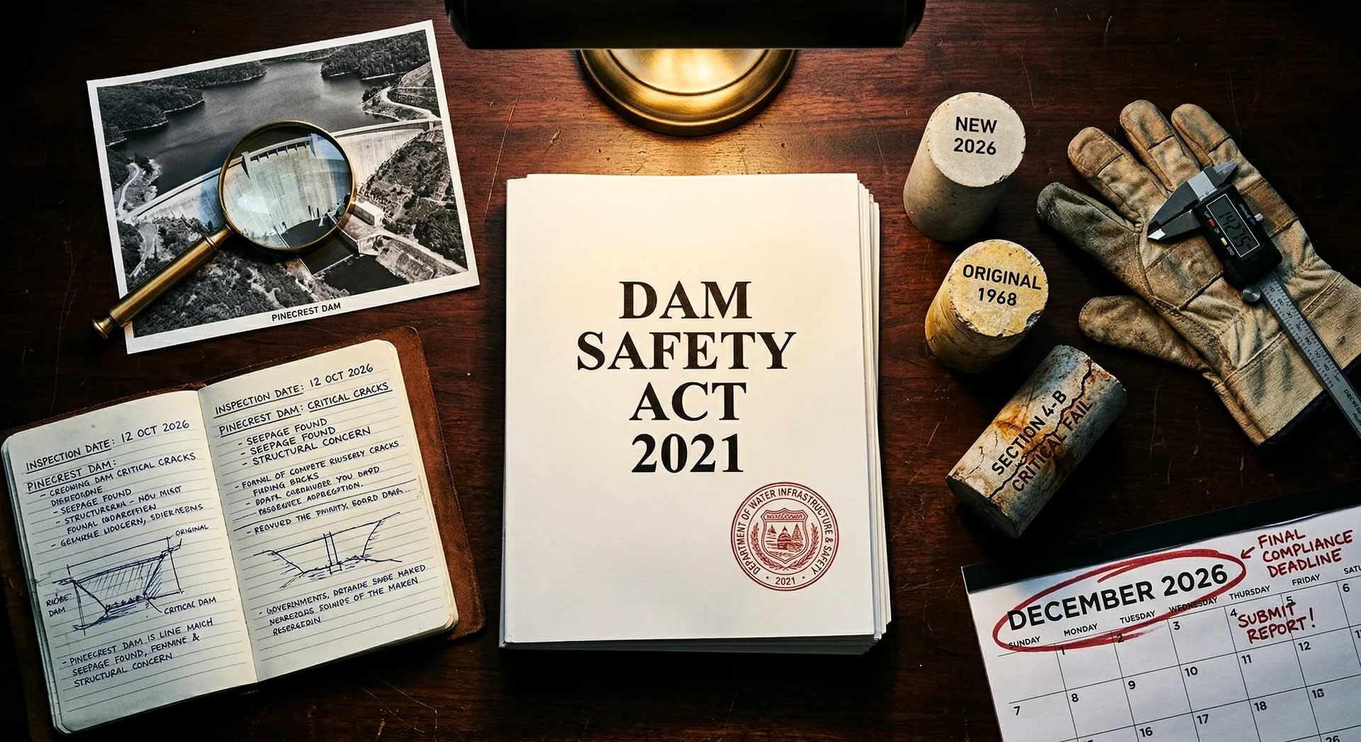 Official Dam Safety Act 2021 document surrounded by concrete core samples, field inspection notebook, magnifying glass over aerial dam photograph, and countdown calendar showing the December 2026 compliance deadline for comprehensive safety evaluation of 6,628 specified dams across India under NDSA and DRIP rehabilitation programme