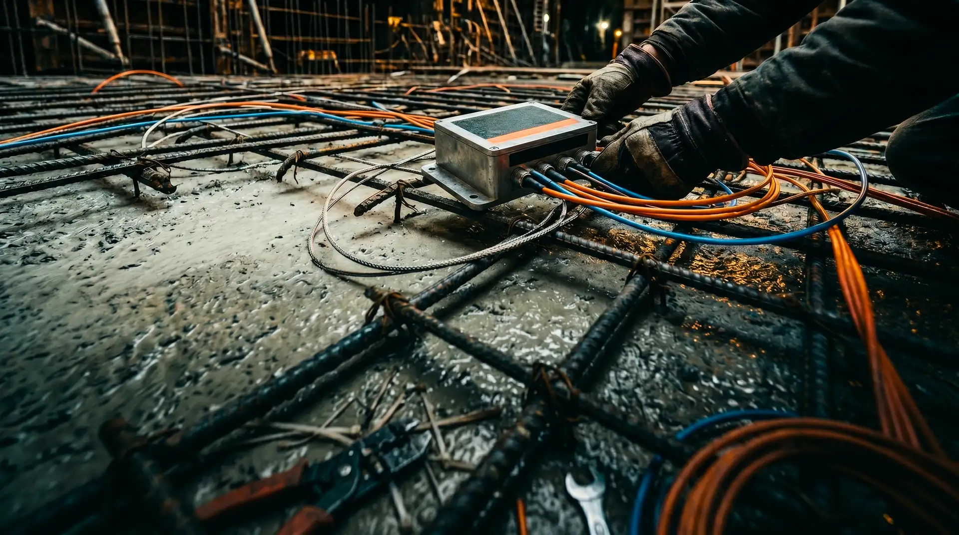 Fiber optic sensor cables and thermocouple junction box being installed by a technician in fresh mass concrete with rebar grid, representing digital twin thermal monitoring instrumentation for dam construction