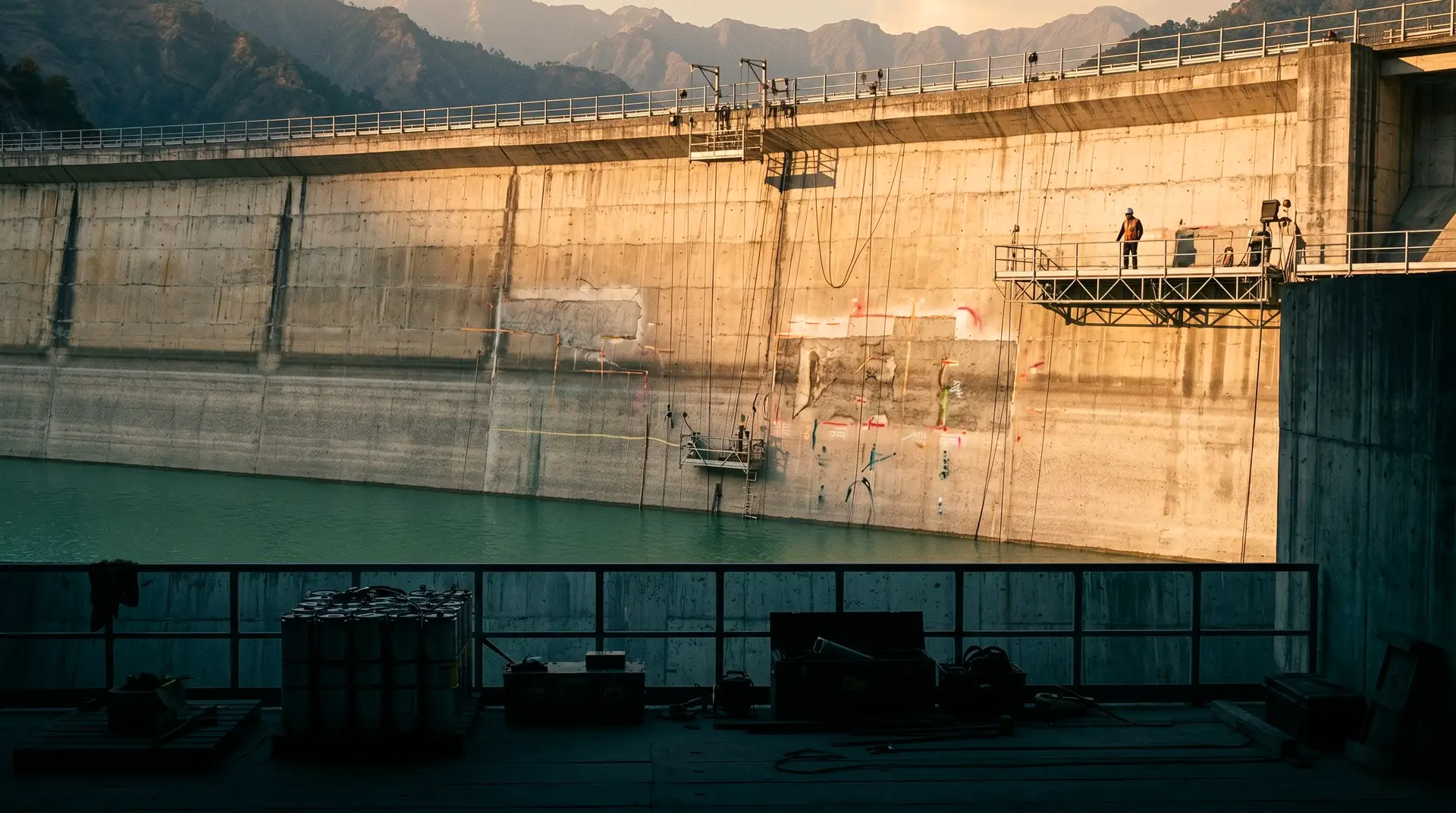Engineer on a suspended access platform inspecting marked repair zones on a concrete gravity dam undergoing DRIP Phase II rehabilitation, with partial reservoir drawdown, survey paint markings, and staged epoxy injection equipment visible.