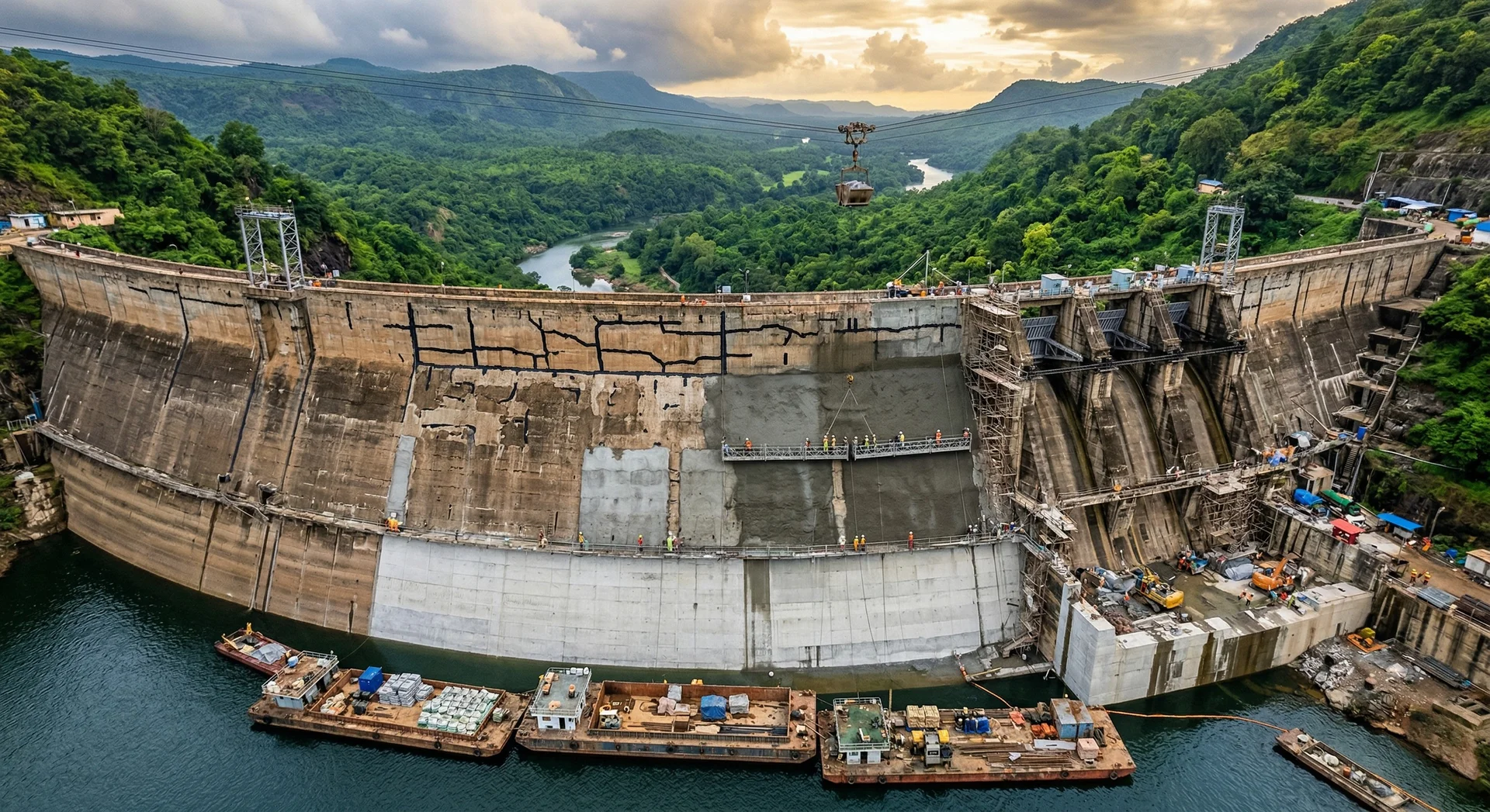 Aerial photograph of a large concrete dam undergoing active rehabilitation with crack sealing on the upper face, fresh concrete overlay on the middle section, scaffolding and workers on suspended platforms, construction barges carrying repair materials at the base, and a cable crane spanning the gorge, representing India's DRIP Phase II dam rehabilitation programme covering 736 dams across 19 states with Rs 10,211 crore World Bank and AIIB funding