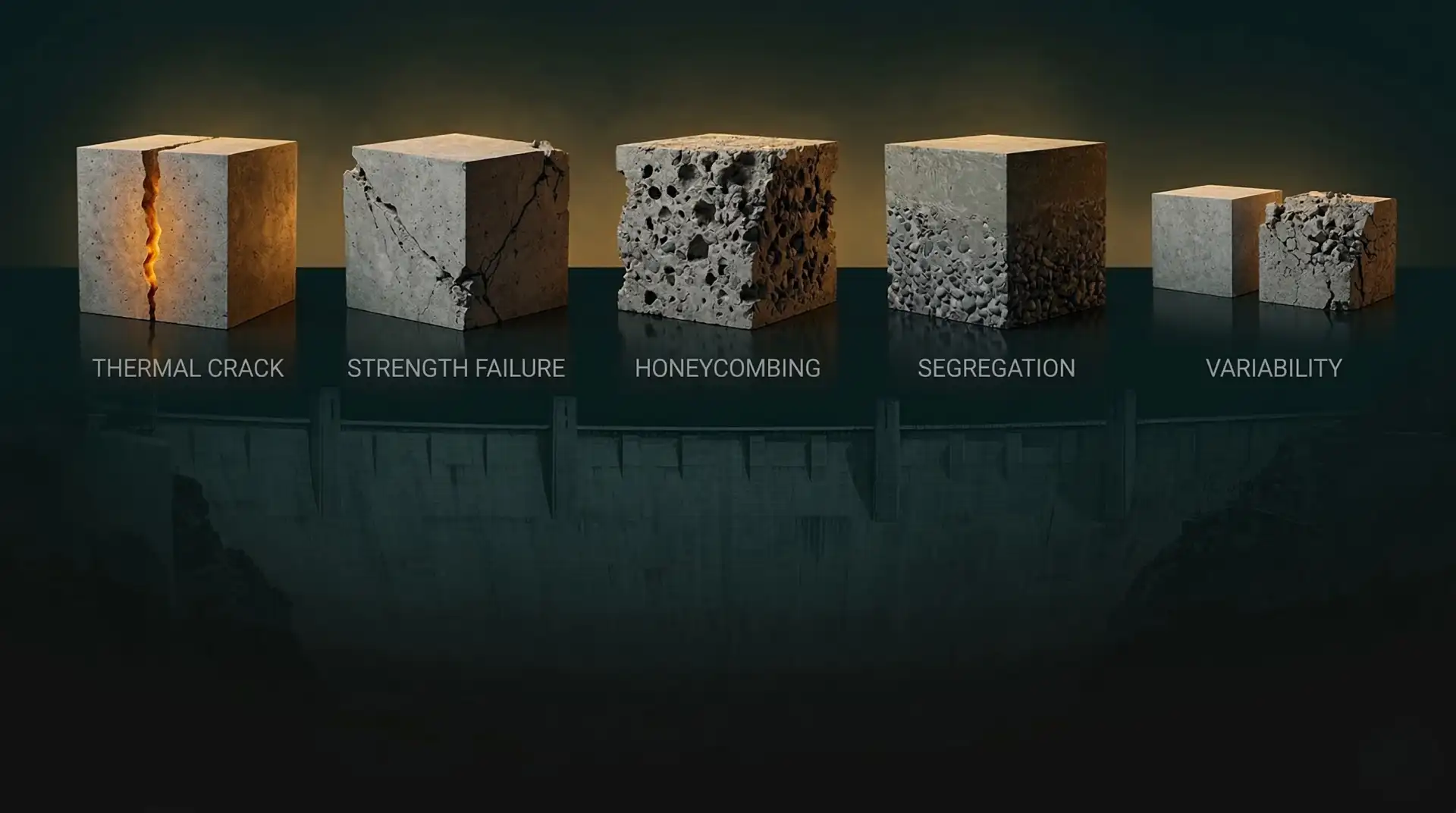 Diagnostic cross-section of a split concrete core sample revealing five critical quality defects found in hydroelectric dam construction — thermal cracking with amber heat discolouration, honeycombing voids between coarse aggregate, segregation separation line, compressive strength failure fractures, and batch variability inconsistency — PCCI concrete technology forensic analysis and QA/QC defect prevention for mass concrete infrastructure