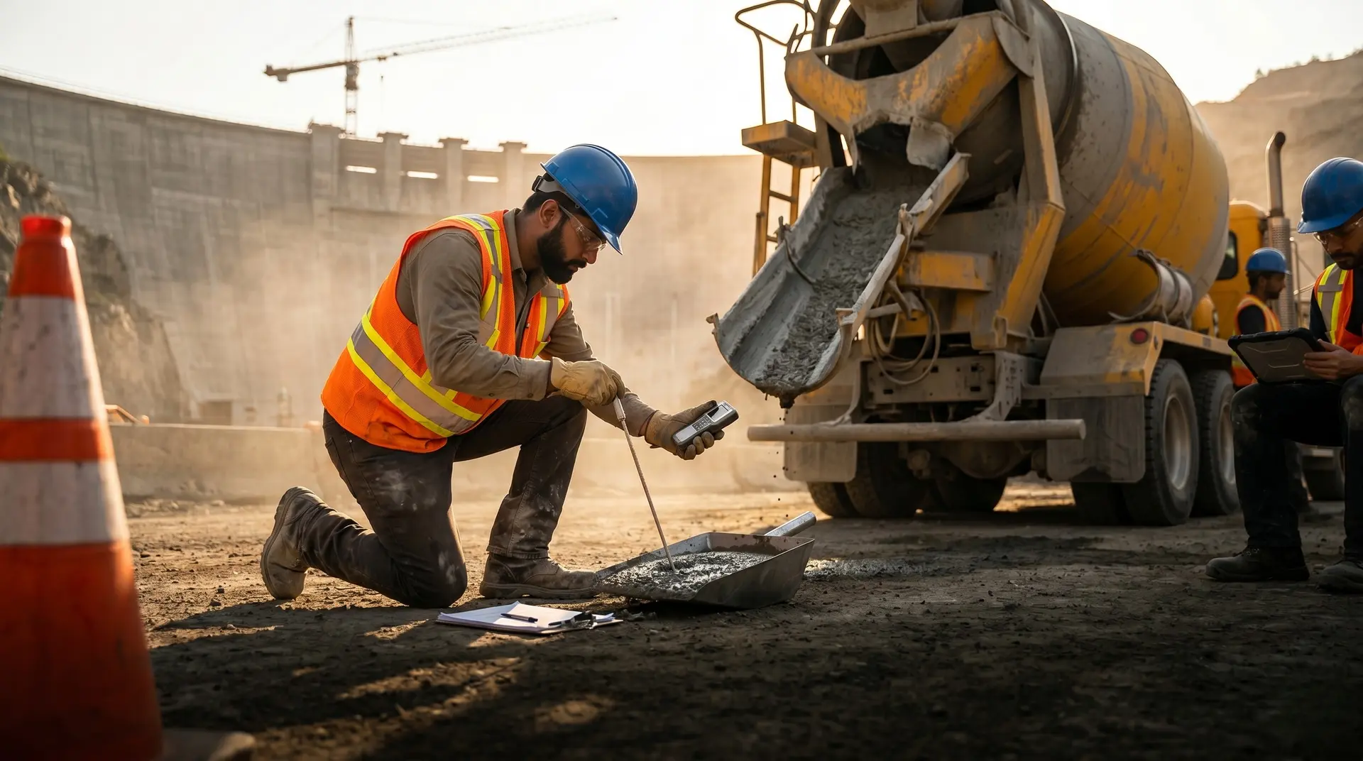 QC engineer kneeling at the placement face of a hot-weather hydroelectric dam pour, inserting a digital thermometer probe into a fresh concrete sample in a steel sampling pan following ASTM C1064. PCCI dam concrete QC consulting.