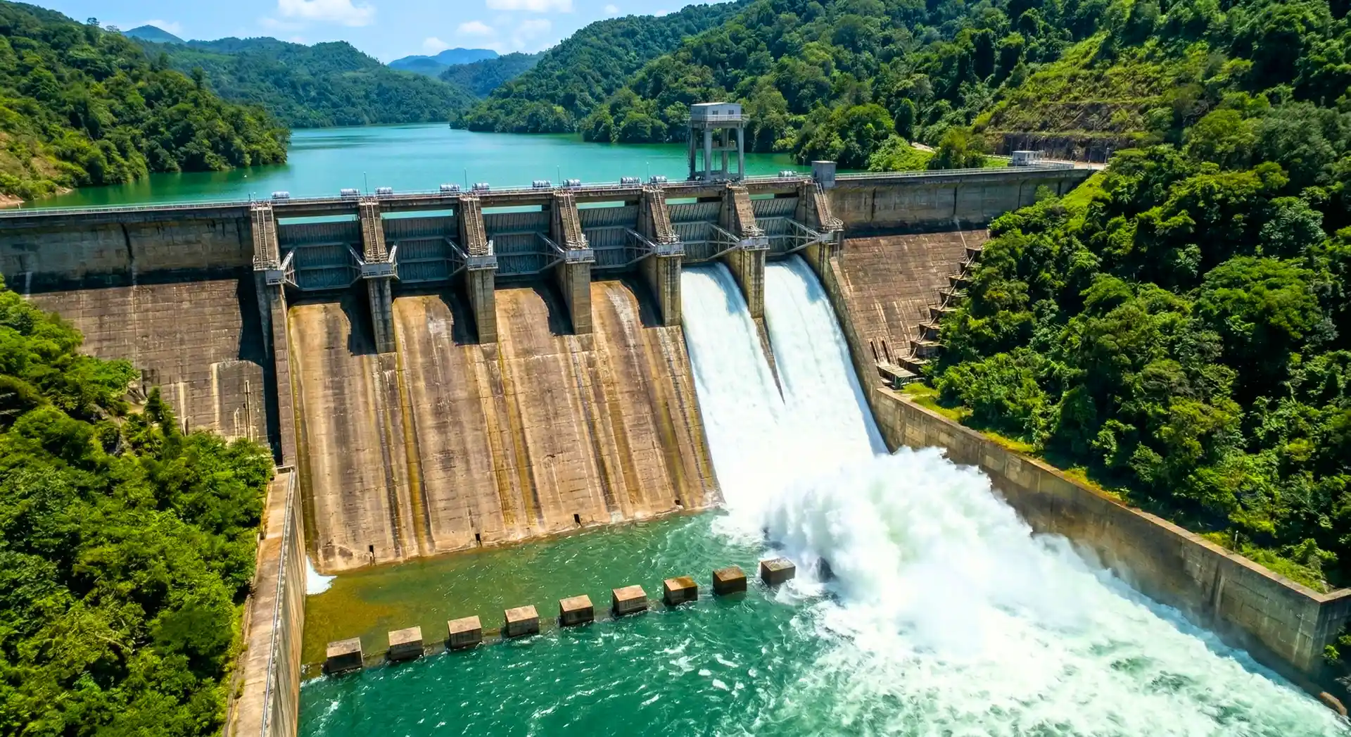 Aerial drone photograph of a concrete gravity dam spillway discharging flood water through an open radial gate into a stilling basin with baffle blocks, surrounded by lush green subtropical hills, illustrating the extreme conditions spillway wearing layer concrete must resist