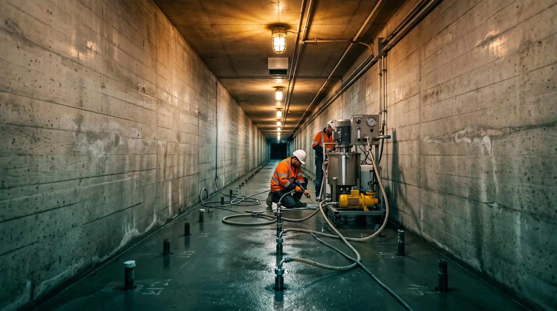 Engineers performing contact grouting in the foundation gallery of a concrete gravity dam, using a colloidal mixer and plunger pump to inject grout into packered floor holes intercepting the concrete-rock interface.