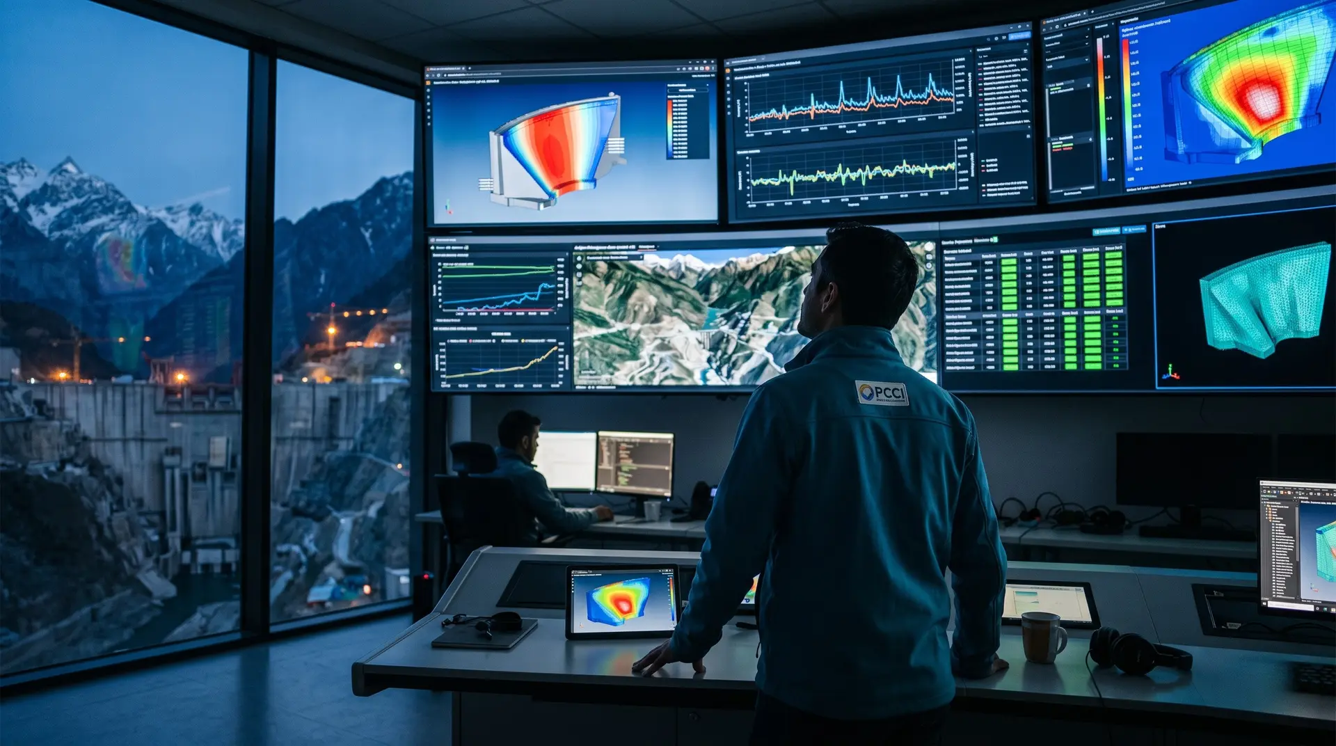 PCCI engineer reviewing digital twin visualisations and real-time dashboards in a modern dam monitoring control room, with thermal contour plots on a wall of monitors and a Himalayan dam under construction visible through windows at twilight
