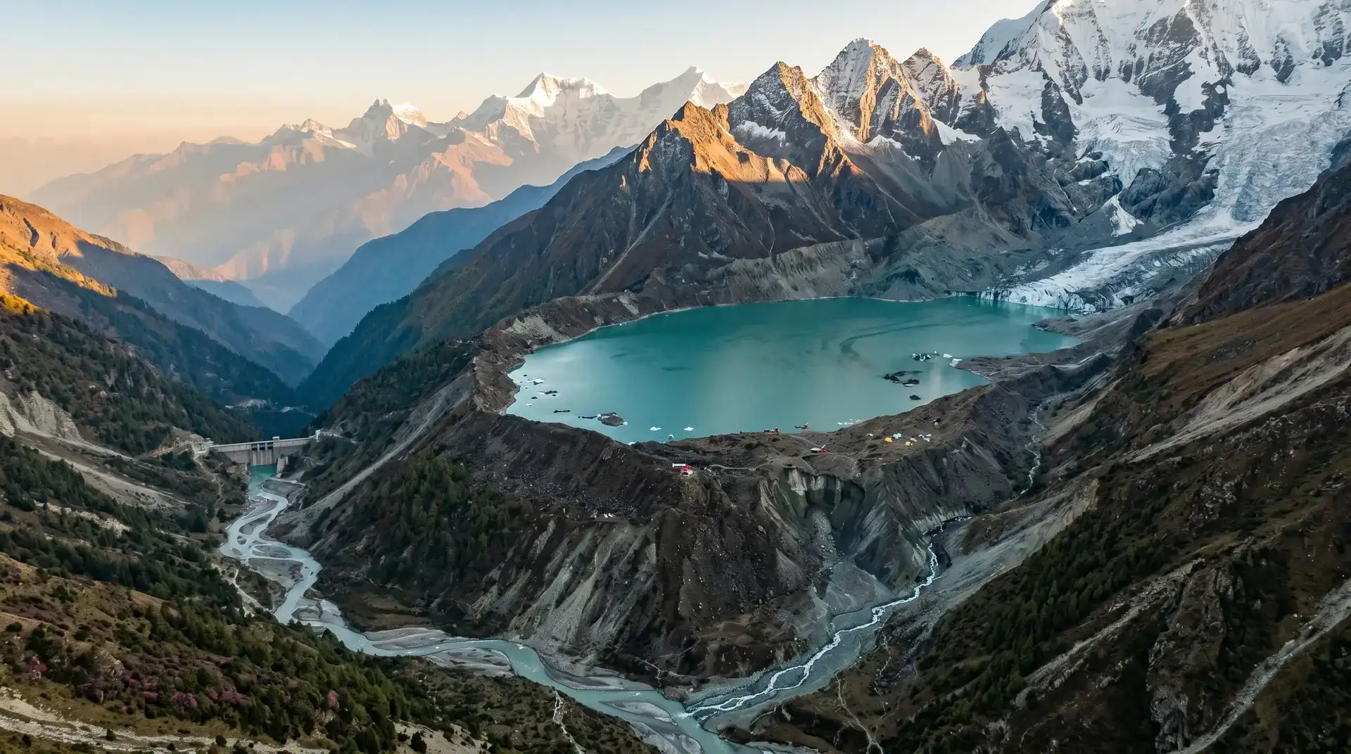 Aerial view of a Himalayan glacial lake behind a moraine with glacier tongue and snow-capped peaks above, and a concrete hydroelectric dam visible in the valley below, illustrating the GLOF risk geography PCCI assesses for Himalayan hydropower.