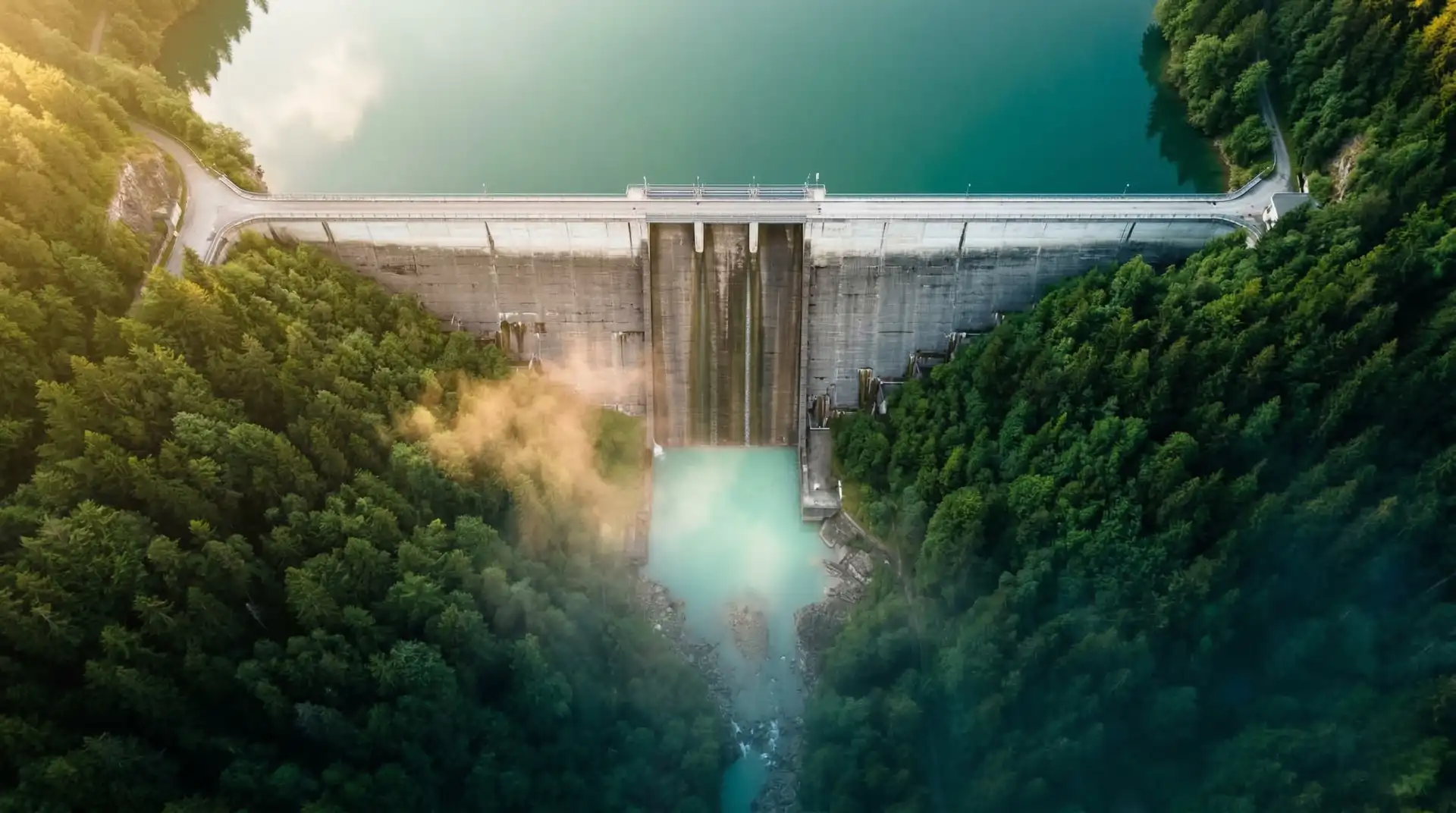 Aerial view of a durable concrete gravity dam nestled in lush green forest with turquoise reservoir and golden mist at the tailrace — PCCI's vision of sustainable infrastructure where high-performance concrete and nature coexist for 100-year service life