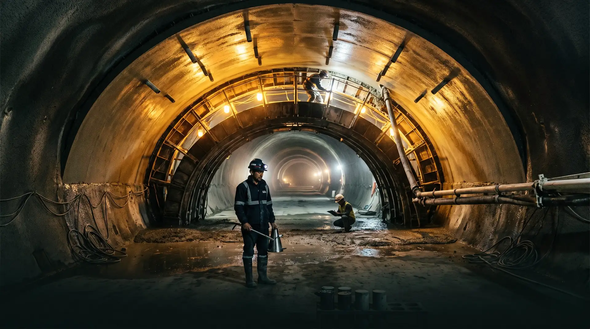 Interior of a horseshoe headrace tunnel under construction at a Himalayan hydropower project, with curved steel arch-rib formwork, shotcrete crown support under amber work lamps, and a foreman with QC kit in the foreground.