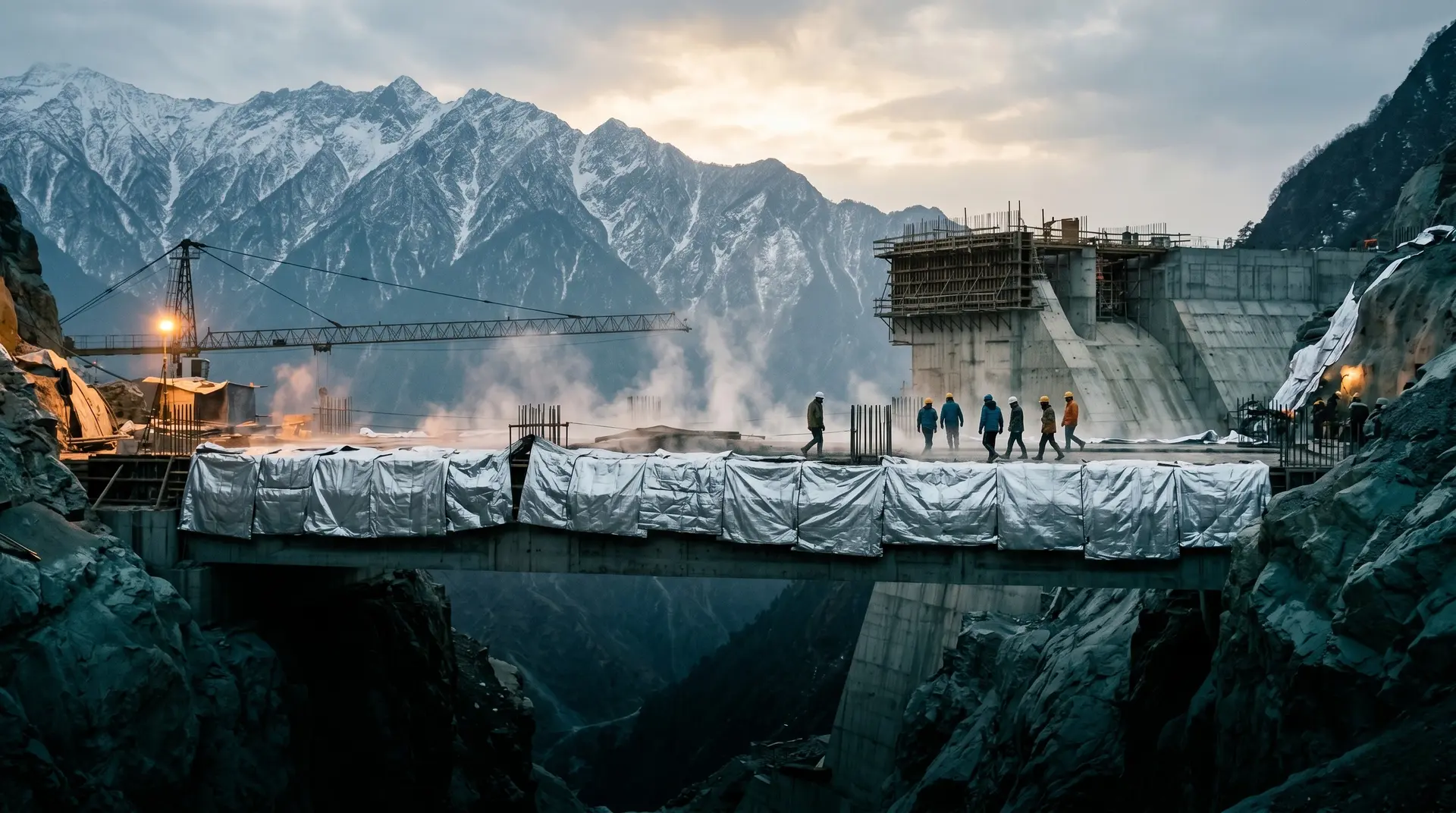 High-altitude dam construction in the Himalayas: workers in winter gear on a concrete placement surface with silver thermal blankets protecting fresh lifts, tower crane and gravity dam under construction against snow-covered peaks