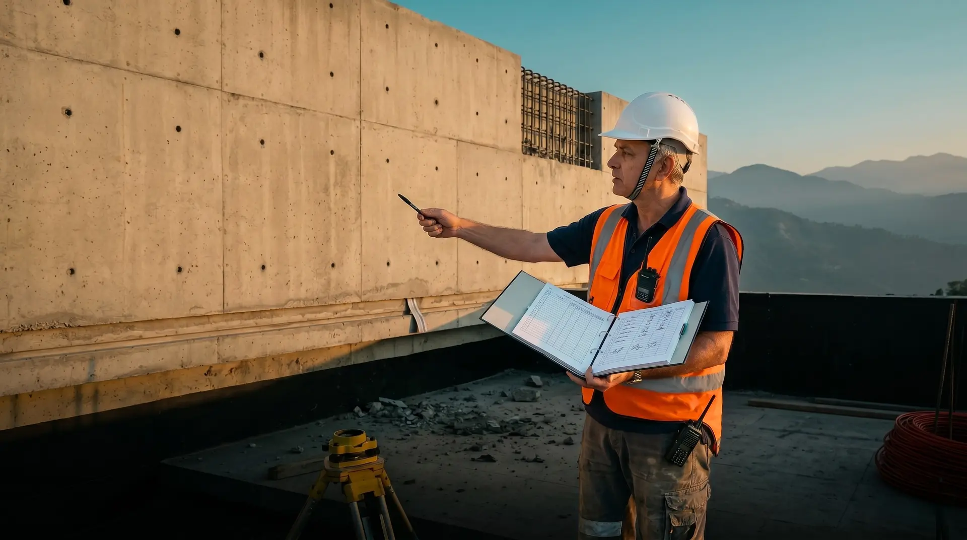 Site engineer in hi-viz vest and white hard hat on a hydropower dam construction platform at dusk, pointing with a pen at a freshly-stripped concrete lift face while verifying a Hold Point against an open Inspection and Test Plan binder.