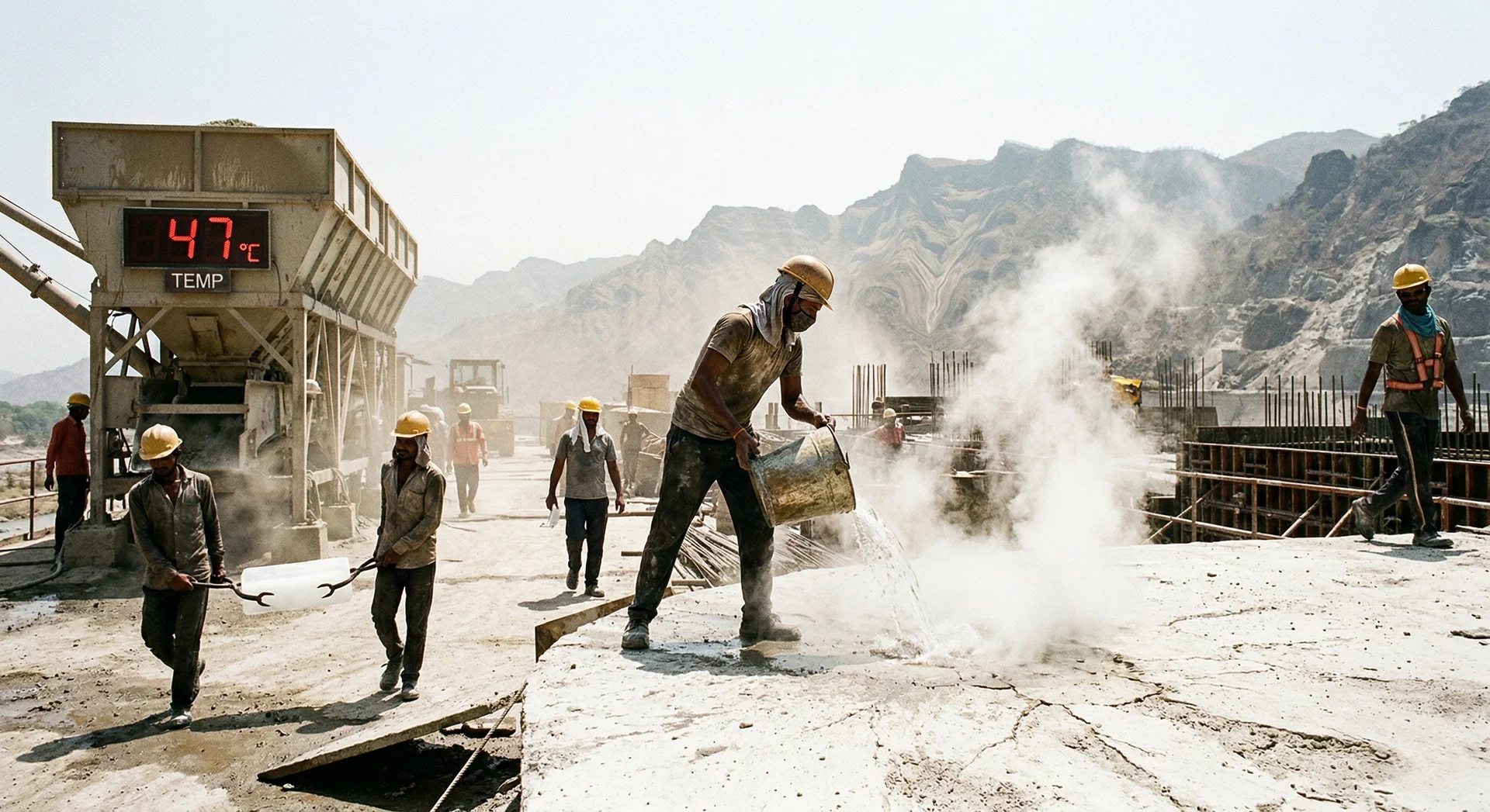 Dam construction workers pouring water on scorching concrete at 47 degrees Celsius in Indian summer heat, with steam rising from the surface, cracked dry concrete, batching plant with temperature display, and heat haze distorting the mountain backdrop, illustrating the extreme hot weather concreting challenges on hydroelectric dam projects in India
