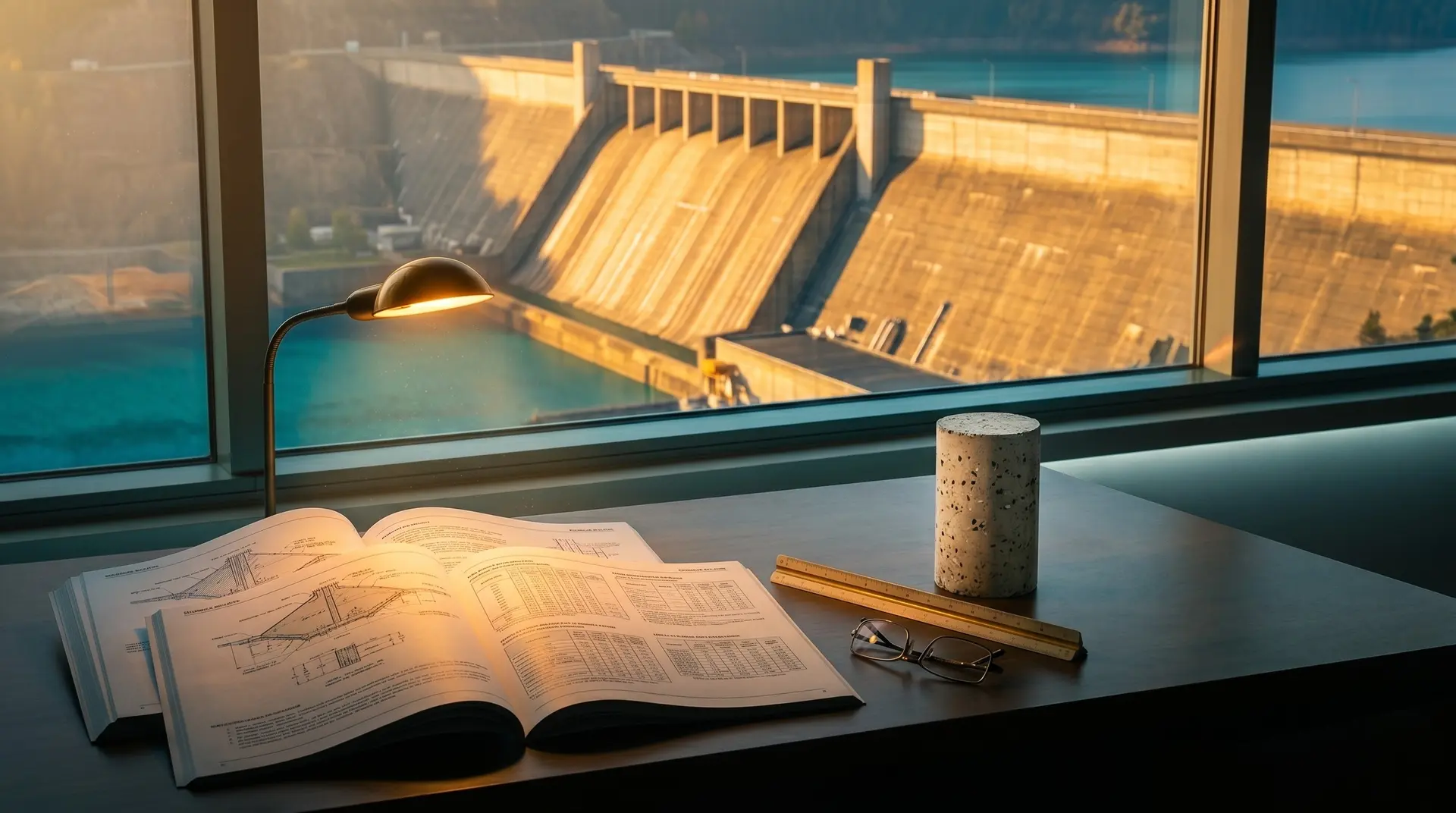 Dam engineer's office at golden hour with an open ICOLD technical bulletin showing dam cross-section drawings, a concrete core sample, and reading glasses on a dark desk, framed by a window revealing a concrete gravity dam and teal-green reservoir, representing international standards for dam concrete engineering